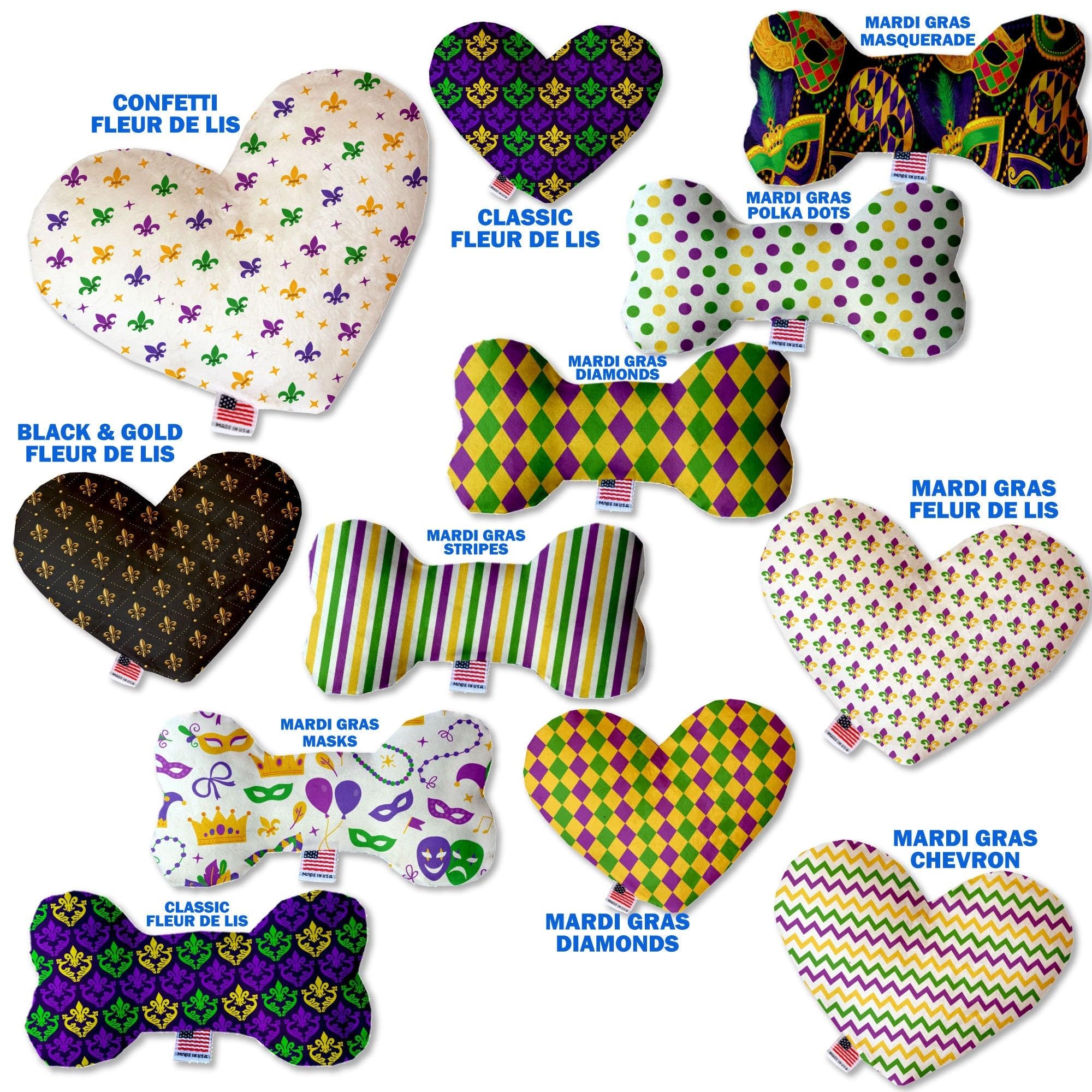 Pet and Dog Plush Heart or Bone Toy, "Mardi Gras Group" (Available in different sizes, and 10 different pattern options!) Mardi Gras Polka Dot 6" Plush Bone
