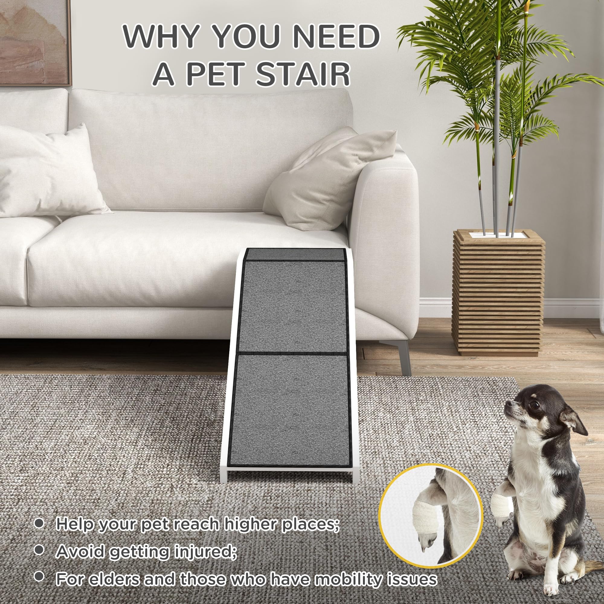 Pawhut Dog Ramp For Bed, Pet Ramp For Dogs With Non-Slip Carpet And Top Platform, 60'' X 16'' X 20'', White