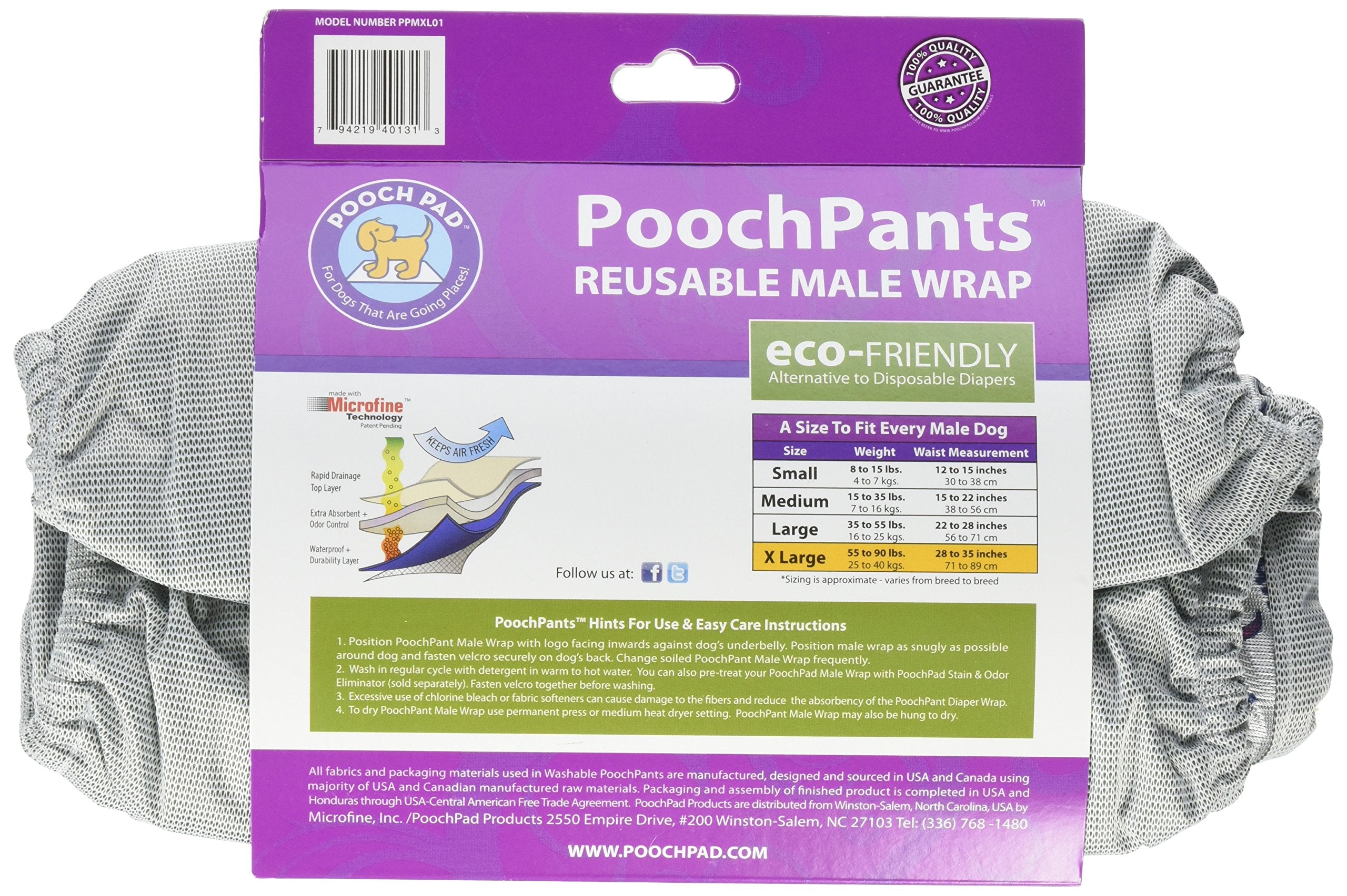 PoochPad X-Large PoochPant Male Wrap - Durable Fabric Dog Diaper, Model PPMXL01