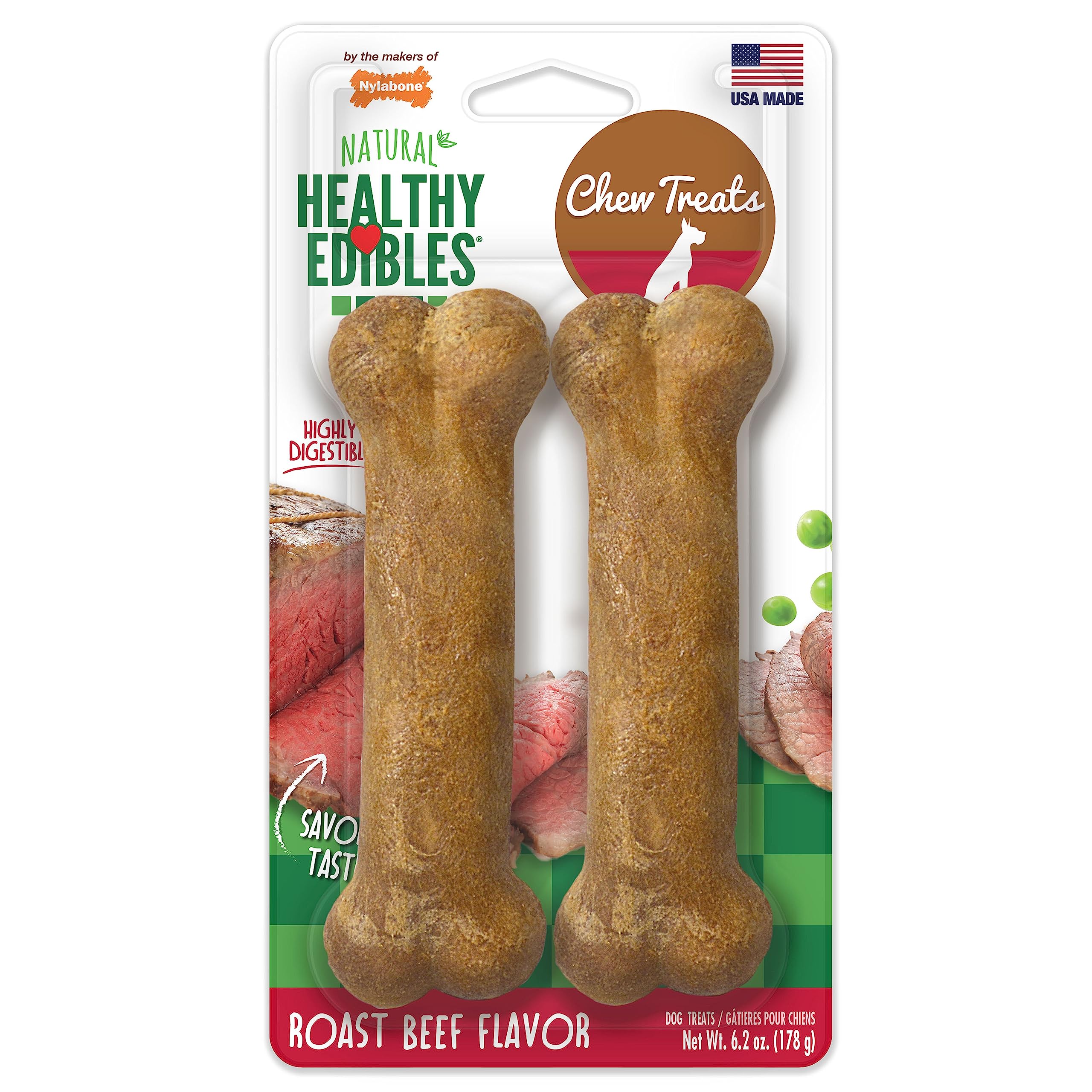 Nylabone Healthy Edibles Natural Dog Chews Long Lasting Roast Beef Flavor Treats for Dogs, Medium/Wolf (2 Count)