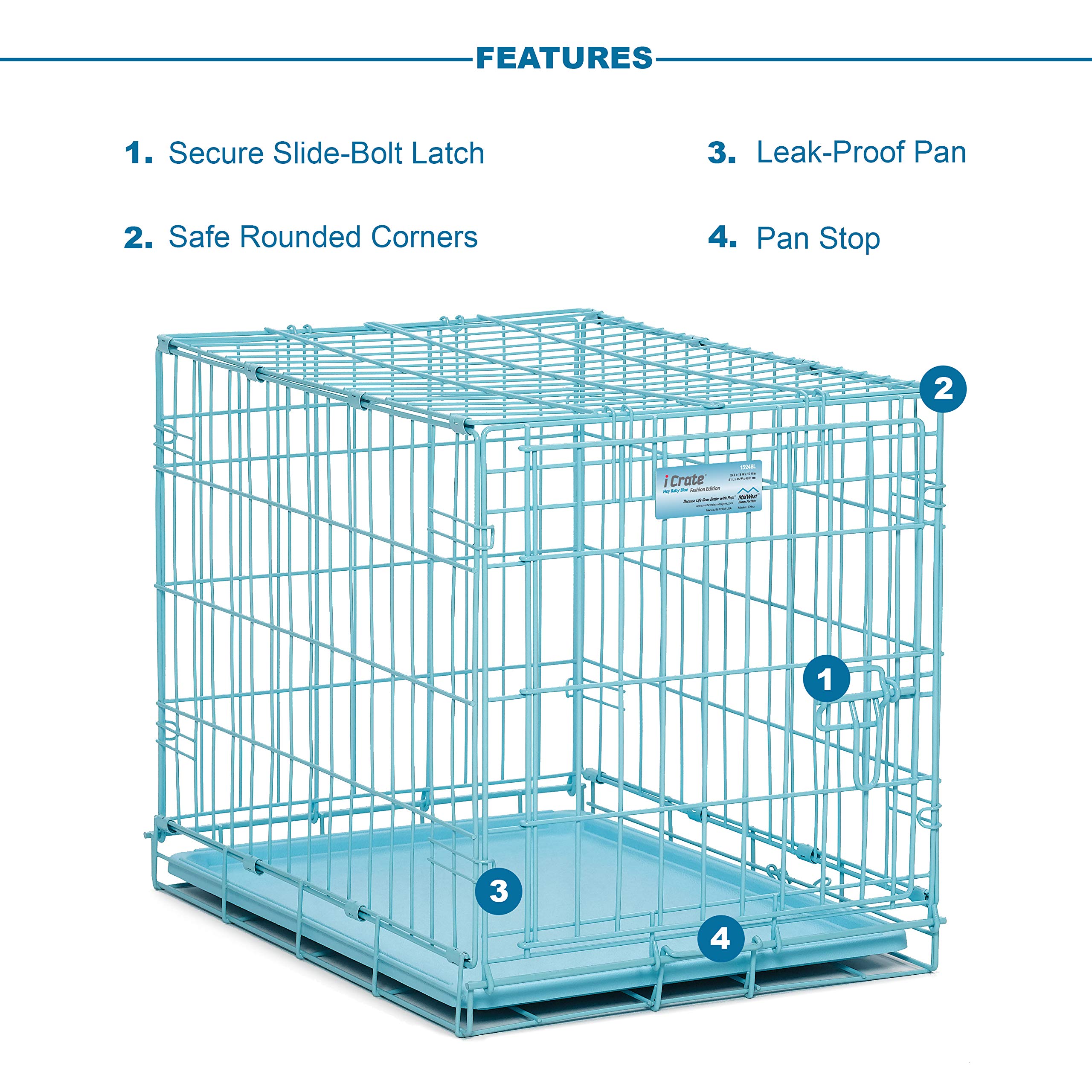 Midwest Homes For Pets Single Door Blue Folding Metal Dog Crate W/ Divider Panel, Floor Protecting 'Roller' Feet & Leak Proof Plastic Tray, 24L X 18W X 19H Inches, Small Dog Breed