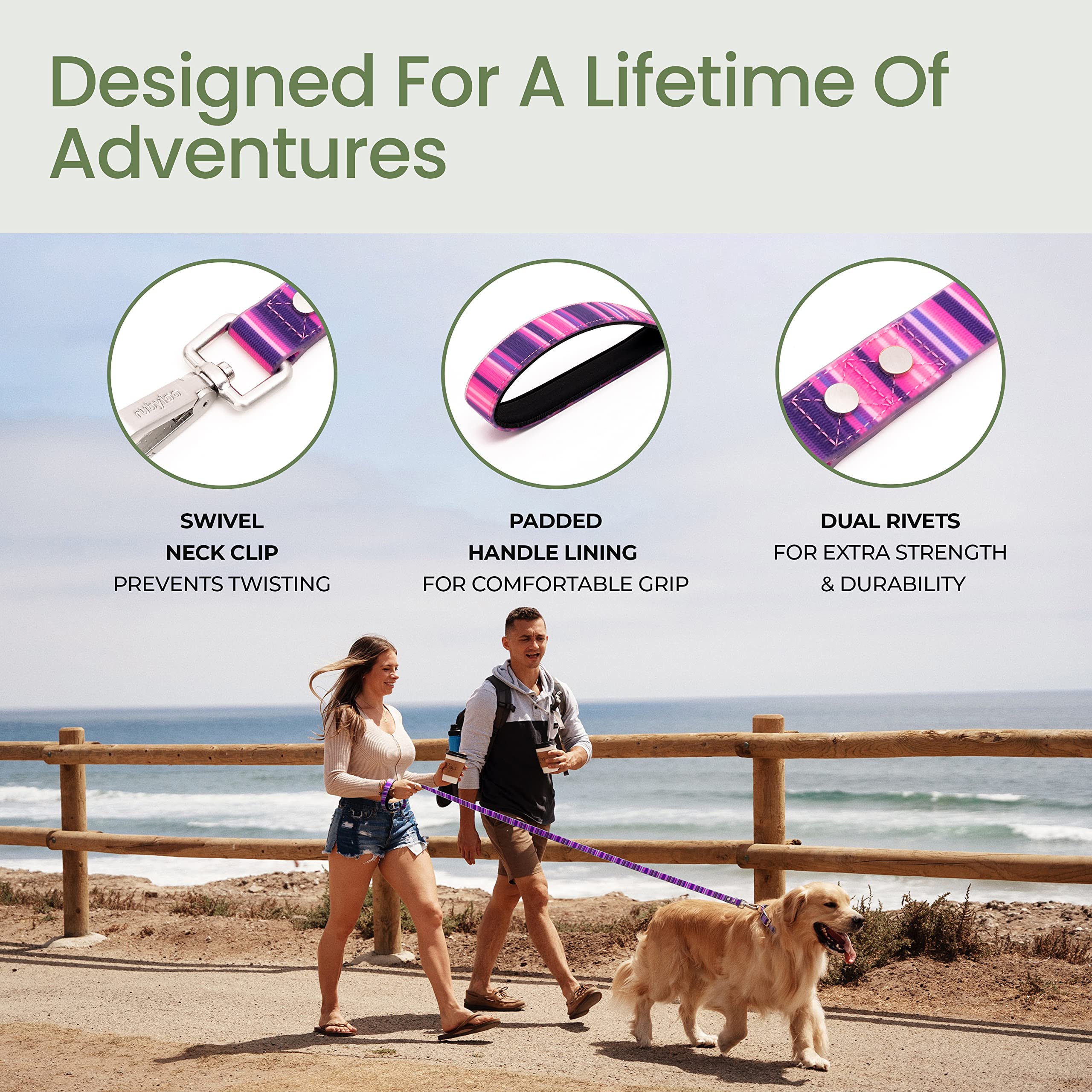 Rubyloo Waterproof Dog Leash - 1" Wide, 6' Long, Washable, Blue Ocean, Soft Padded Handle, Rust-Resistant Zinc Alloy Clip, Model 1007