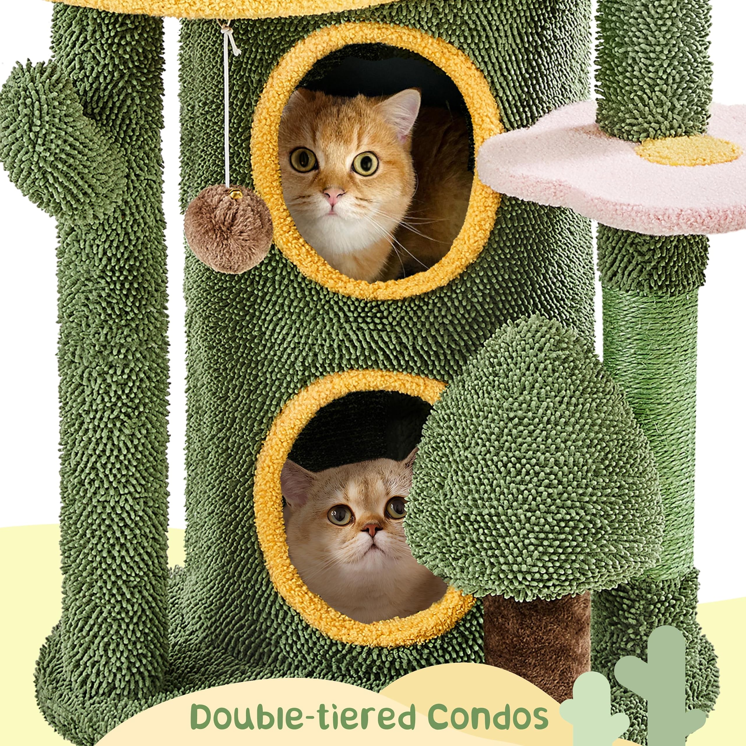 Yaheetech Cactus Cat Tree For Indoor Cats, 48.5In Cat Tower With 2 Large Platform, 2 Tiered Condo, Scratching Posts & Dangling B