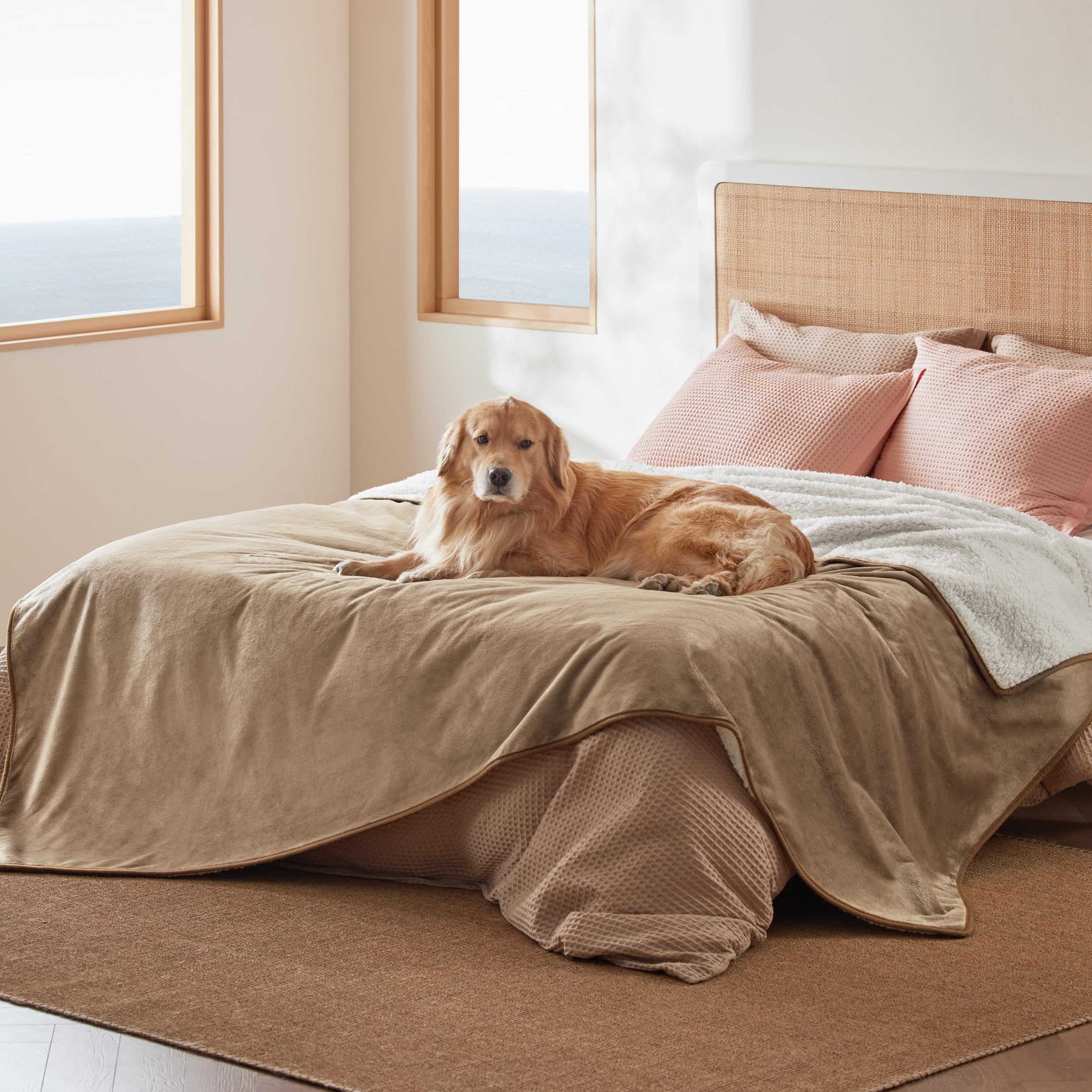 Bedsure Waterproof Blanket For Bed - Sherpa Fleece Waterproof Dog Blankets For Large Dogs, Pet Blankets For Bed/Couch/Dog Crate, Soft Plush Reversible Furniture Protector, Queen Size, 90'X86', Camel