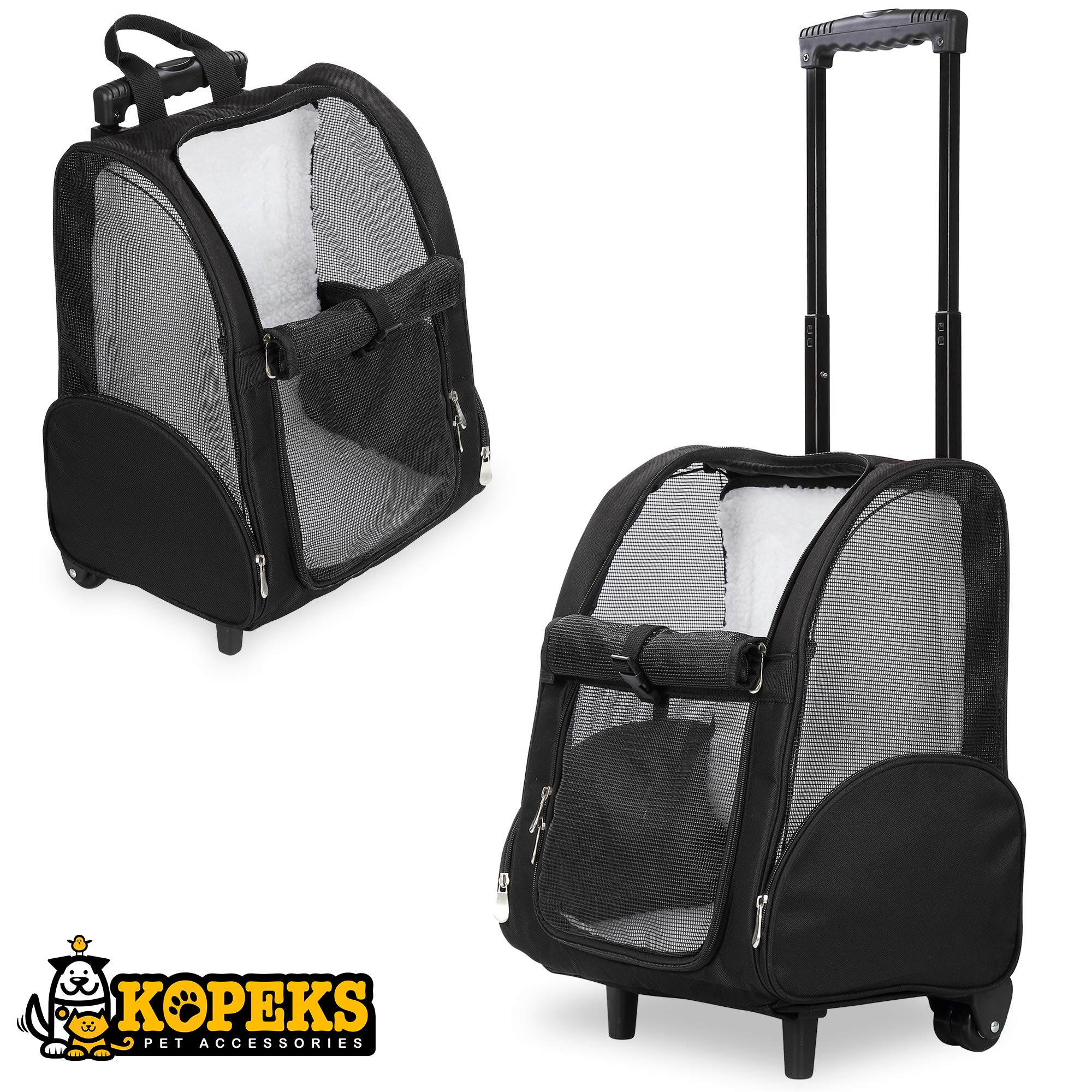 KOPEKS Deluxe Backpack Pet Travel Carrier - Double Wheels, Fabric, Black, 13"x12"x20", for Pets up to 10 lbs, Model KPS-1102