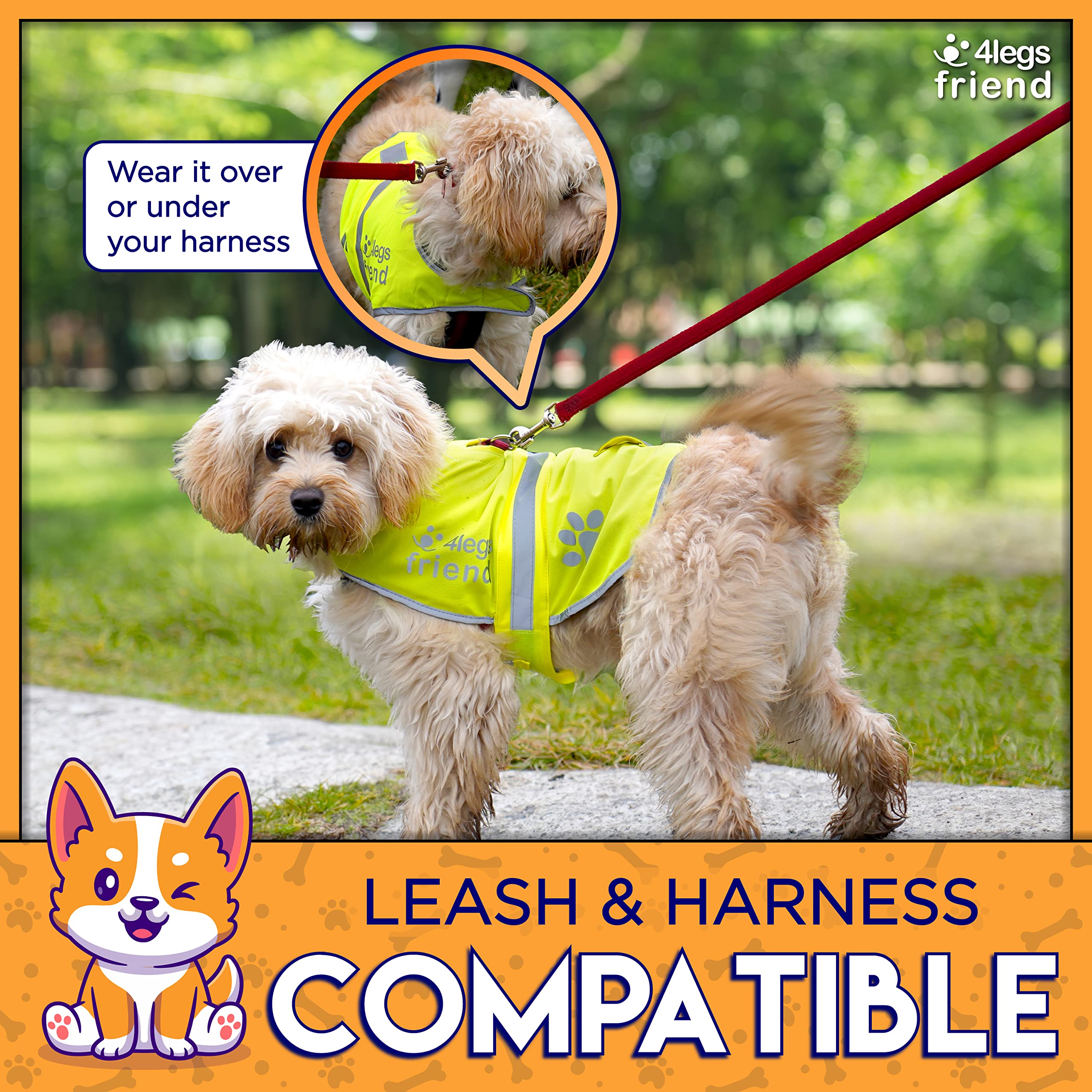 Yellow Safety Reflective Lightweight Vest With Leash Hole 5 Sizes - Snap Lock Buckle Straps, High Visibility For Outdoor Activit