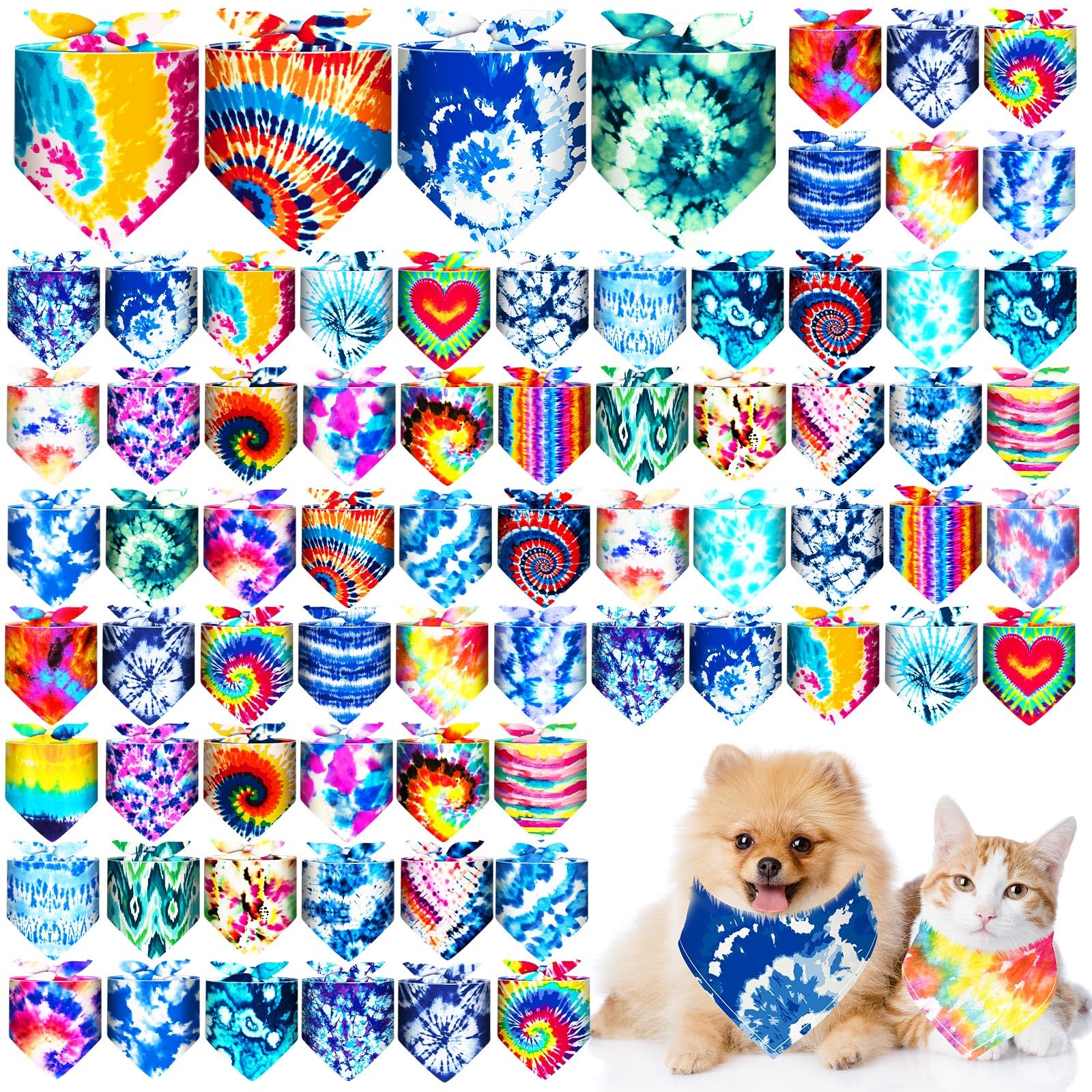 Reginary 72 Pack Tie Dye Dog Bandanas - Bulk Pet Scarf Bibs Triangle Kerchief Adjustable For Pet Grooming Costume Accessories