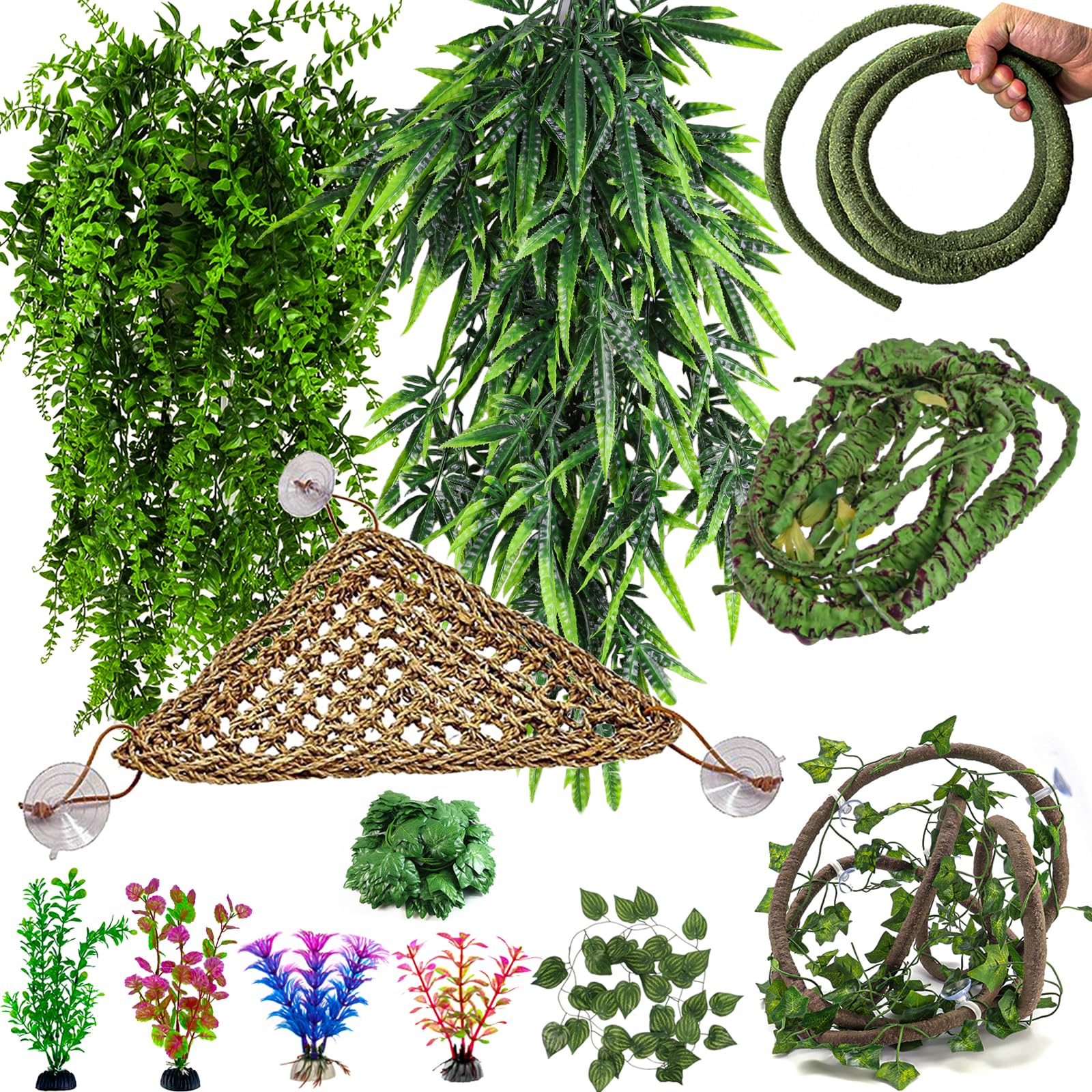 Mechpia 12 Pieces Bearded Dragon Tank Accessories, Reptile Hammock Plants And Vines Terrarium Branch Plants Habitat Decoration F