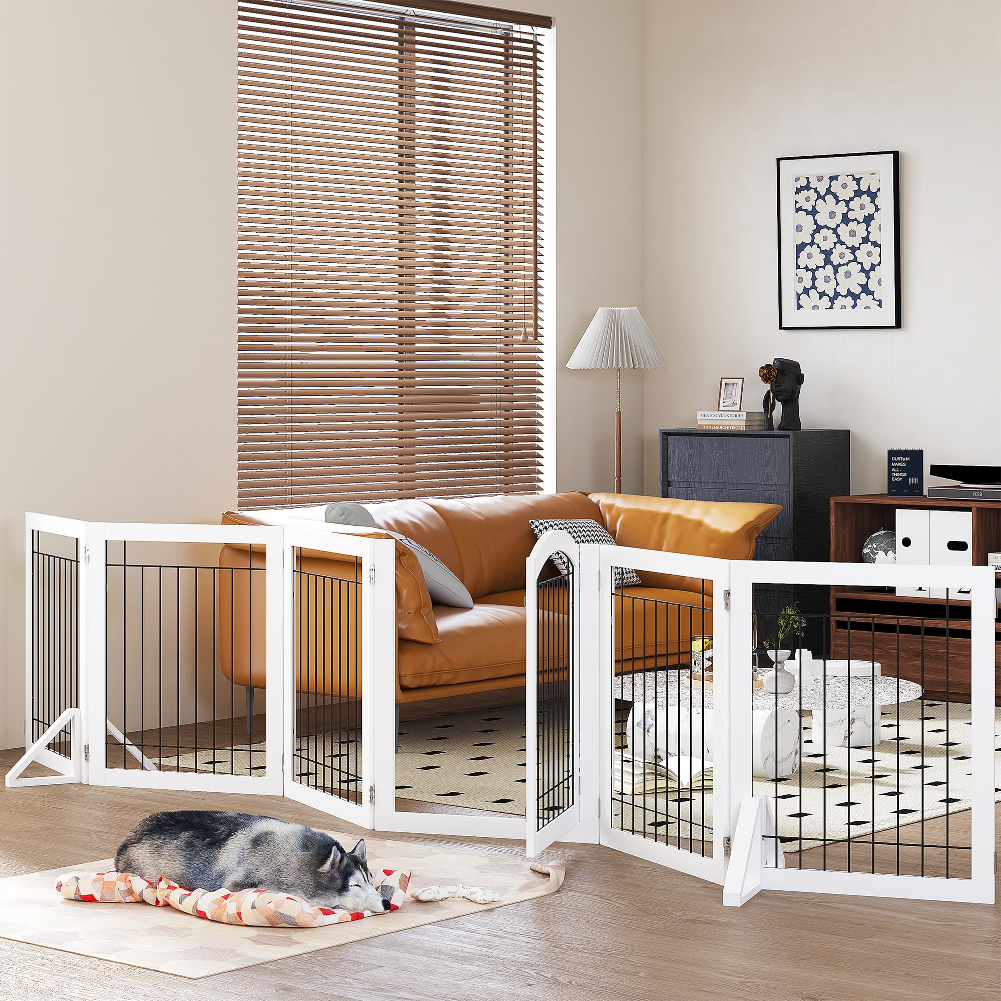 Pawland 144-Inch Extra Wide 30-Inches Tall Dog Gate With Door Walk Through, Freestanding Wire Pet Gate For The House, Doorway, Stairs, Pet Puppy Safety Fence, Support Feet Included, White,6 Panels