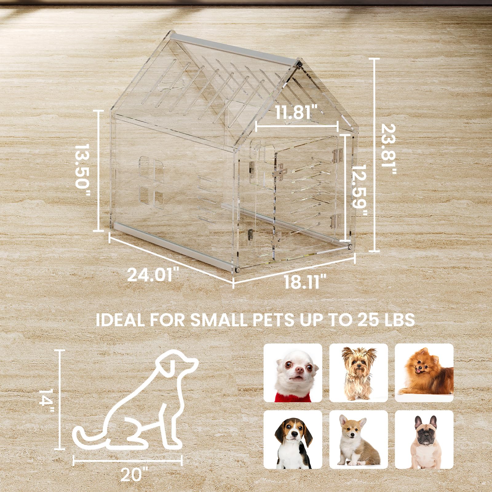 Sumerflos Acrylic Dog House, Clear 24" L x 18" W x 23" H Indoor Kennel, Lockable & Ventilated for Small Dogs and Cats