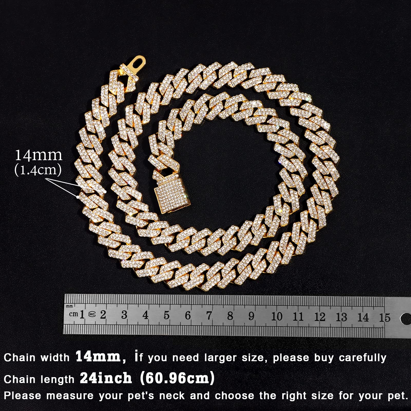 Flatfoosie Cuban Link Metal Chain Collar With Secure Buckle - 14Mm Gold Chain Dog Collar For Small To Large Dogs & Cats (24 Inch