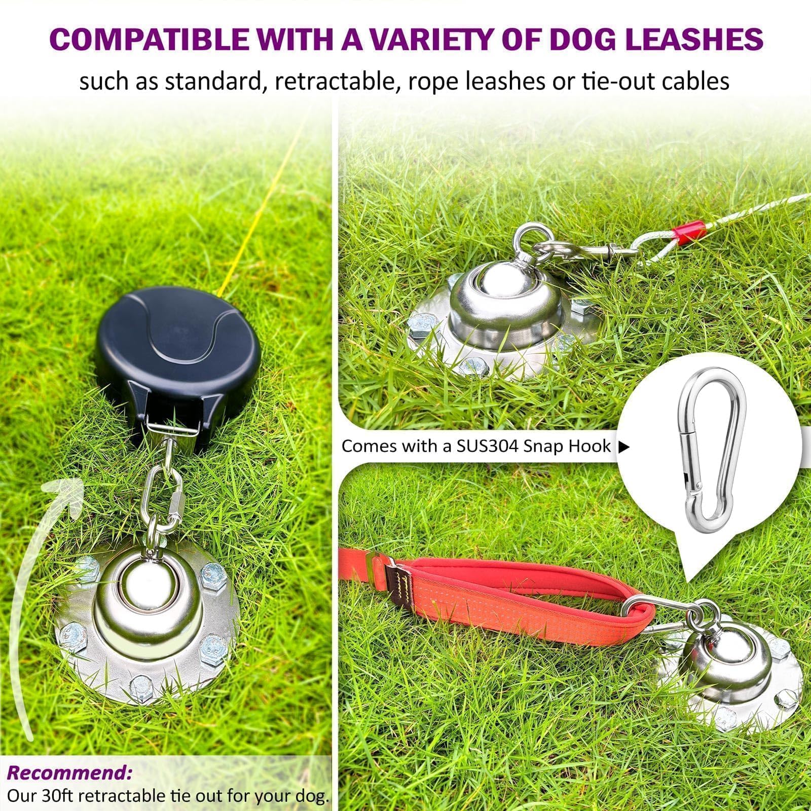 Pestairs 360° Swivel Dog Tie Out Stake - Heavy Duty Stainless Steel, Holds 1500Lbs, for Small to Large Dogs, Silver, Model FC-ST01