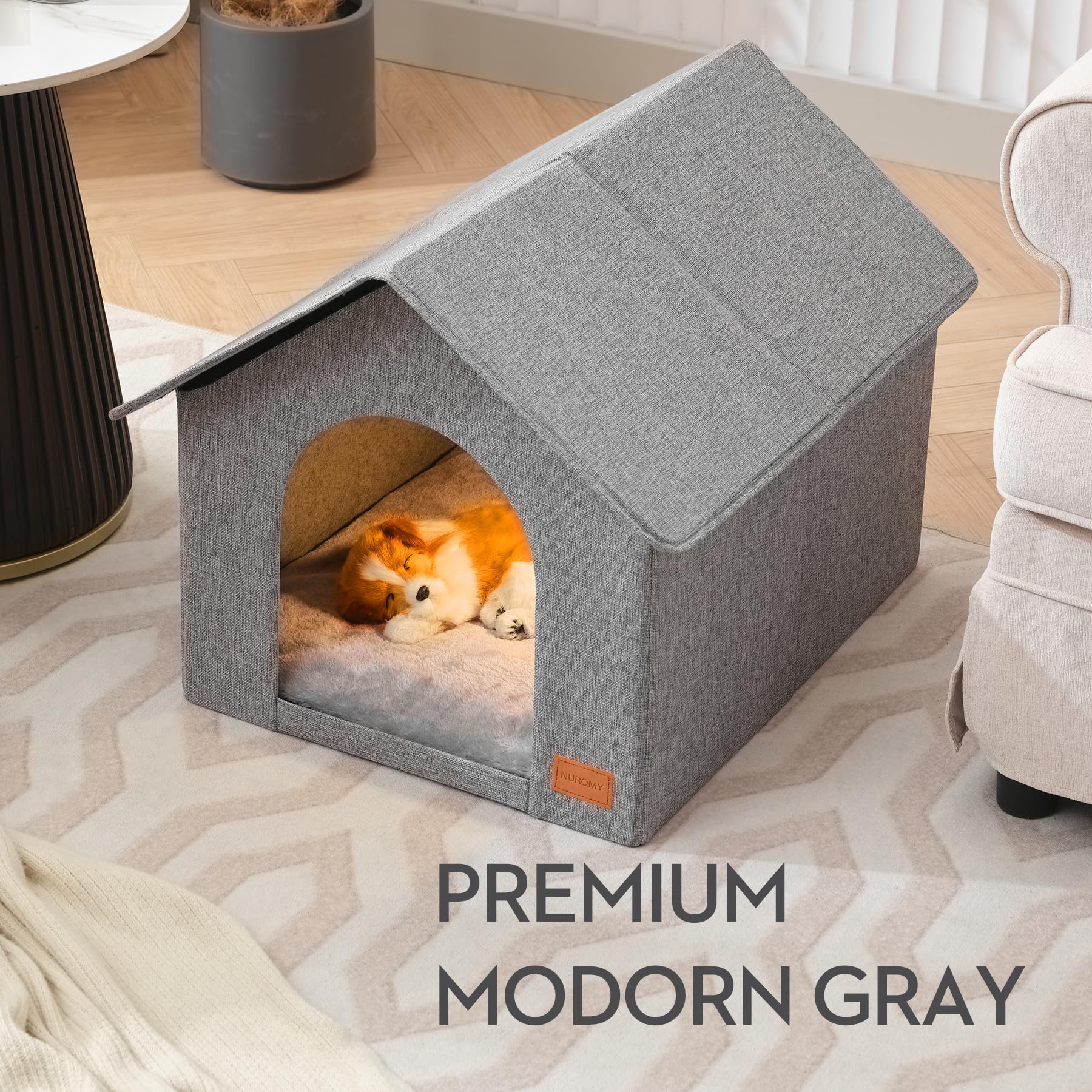 NUROMY Indoor Dog House - Large Size for Medium Dogs & Large Cats, Gray Nylon with Washable Plush Cushion, Model Indoor Feetless-Large