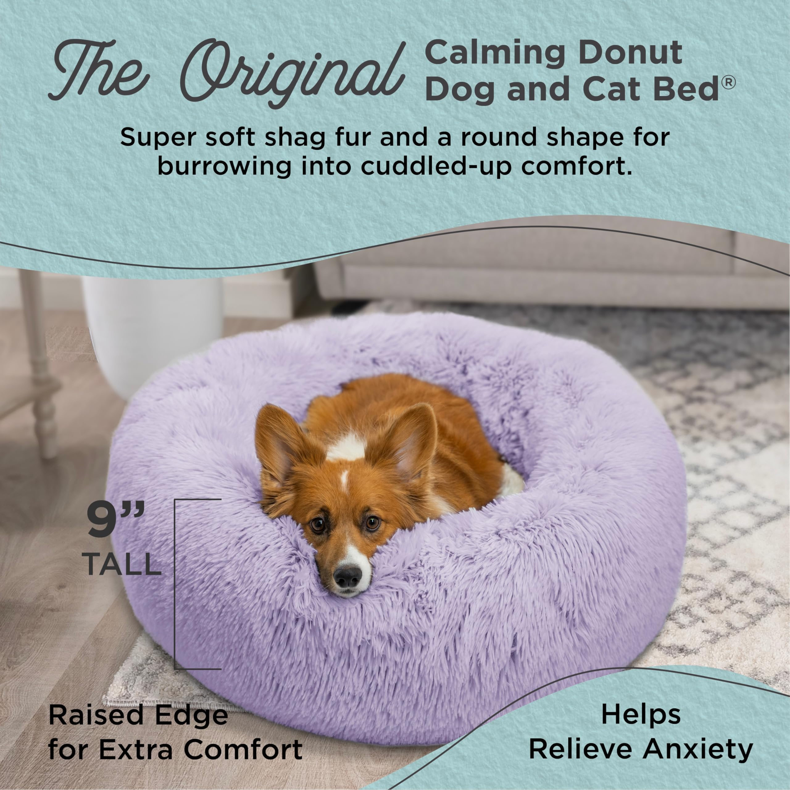 Best Friends By Sheri The Original Calming Donut Dog And Cat Bed In Shag Fur, Lavender, Medium, 30X30