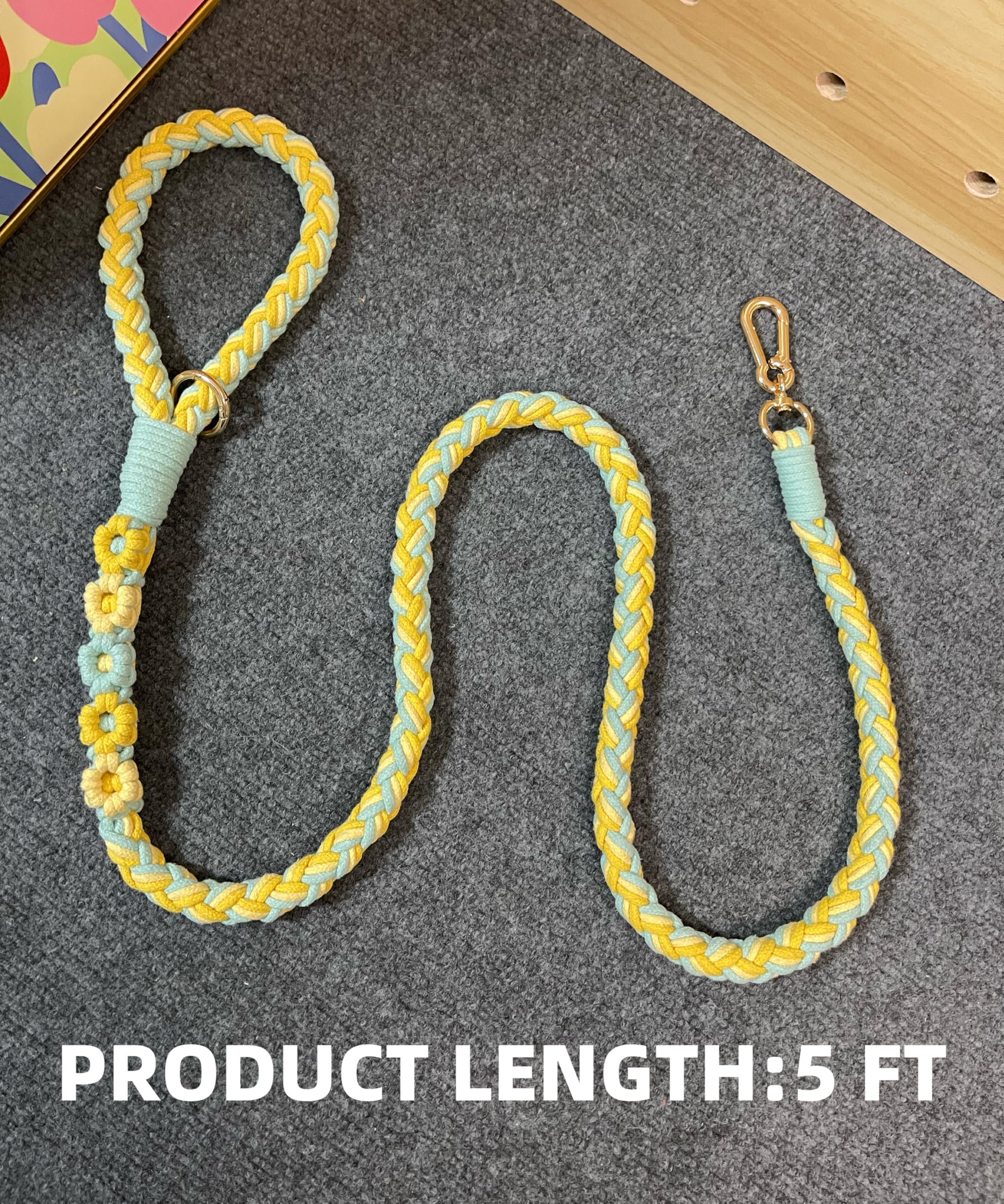 Handmade 5Ft Braided Cotton Dog Leash With Unique Floral Handle, Durable And Stylish, Ideal For Small To Large Dogs, Blue & Yell