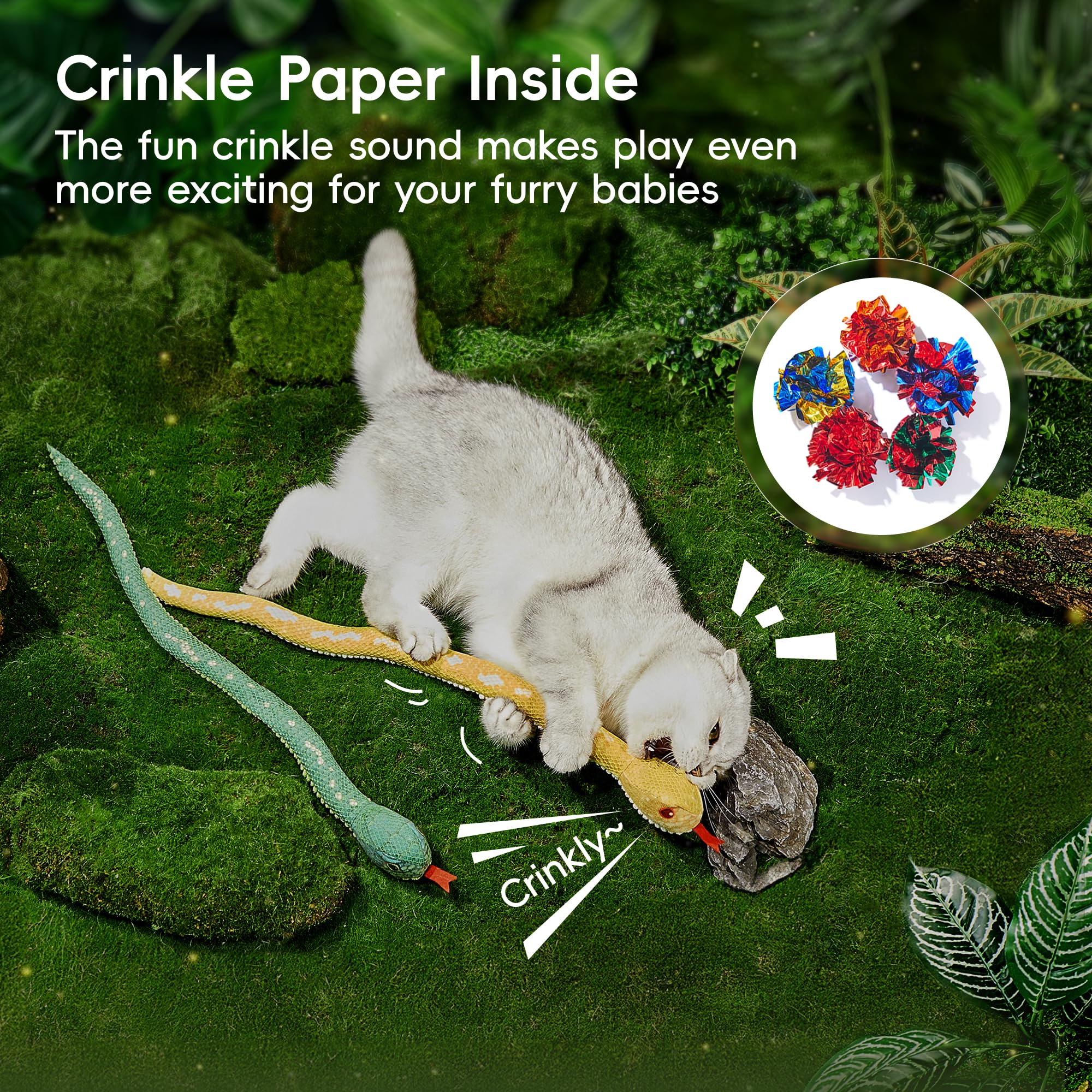 Potaroma Cat Toys Realistic Snake Catnip Crinkly Sound Toy 2 Pcs, Mesh Fabric For Teeth Cleaning, Interactive Kicker Toys For In