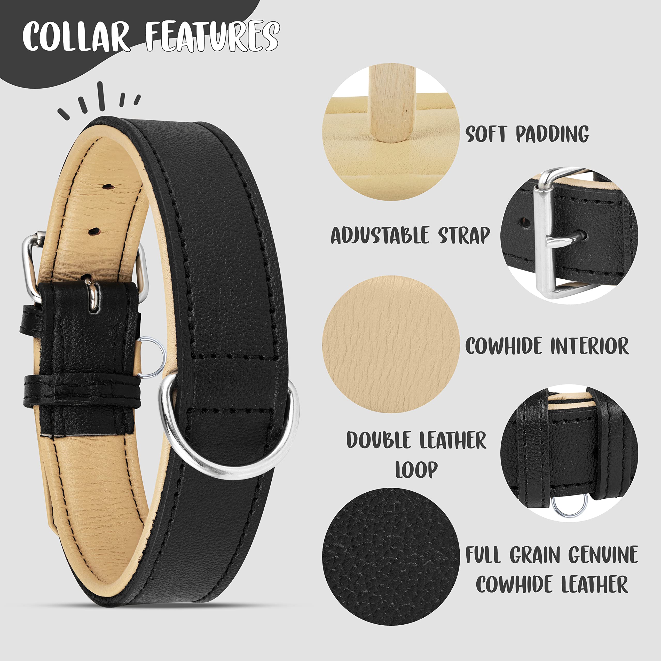 Riparo Dog Collars For Medium Dogs, Genuine Leather Dog Collar, Medium Dog Collar (M: 1'' Wide For 13.5   -17.5    Neck, Black)