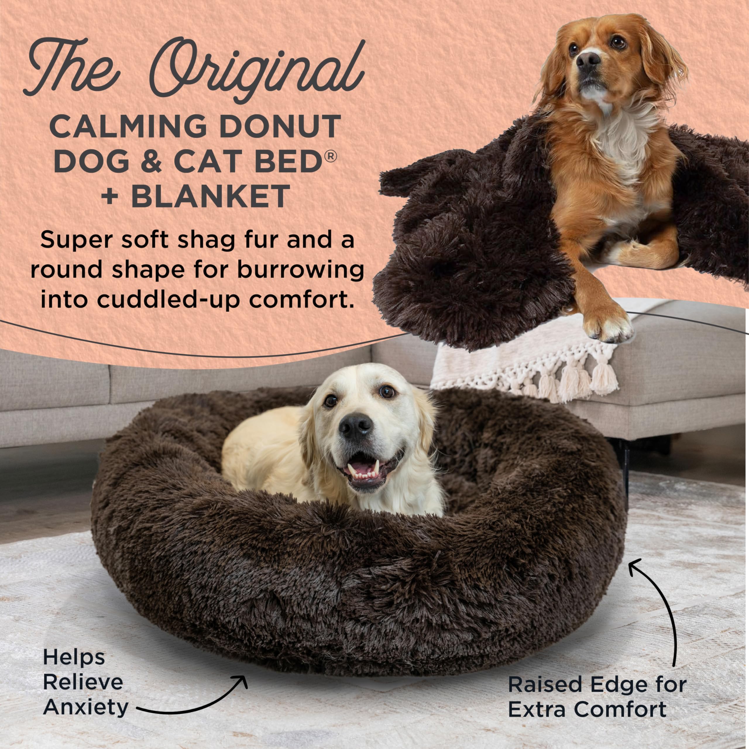 Best Friends By Sheri Bundle Set The Original Calming Shag Donut Cuddler Cat And Dog Bed + Pet Throw Blanket Dark Chocolate Larg