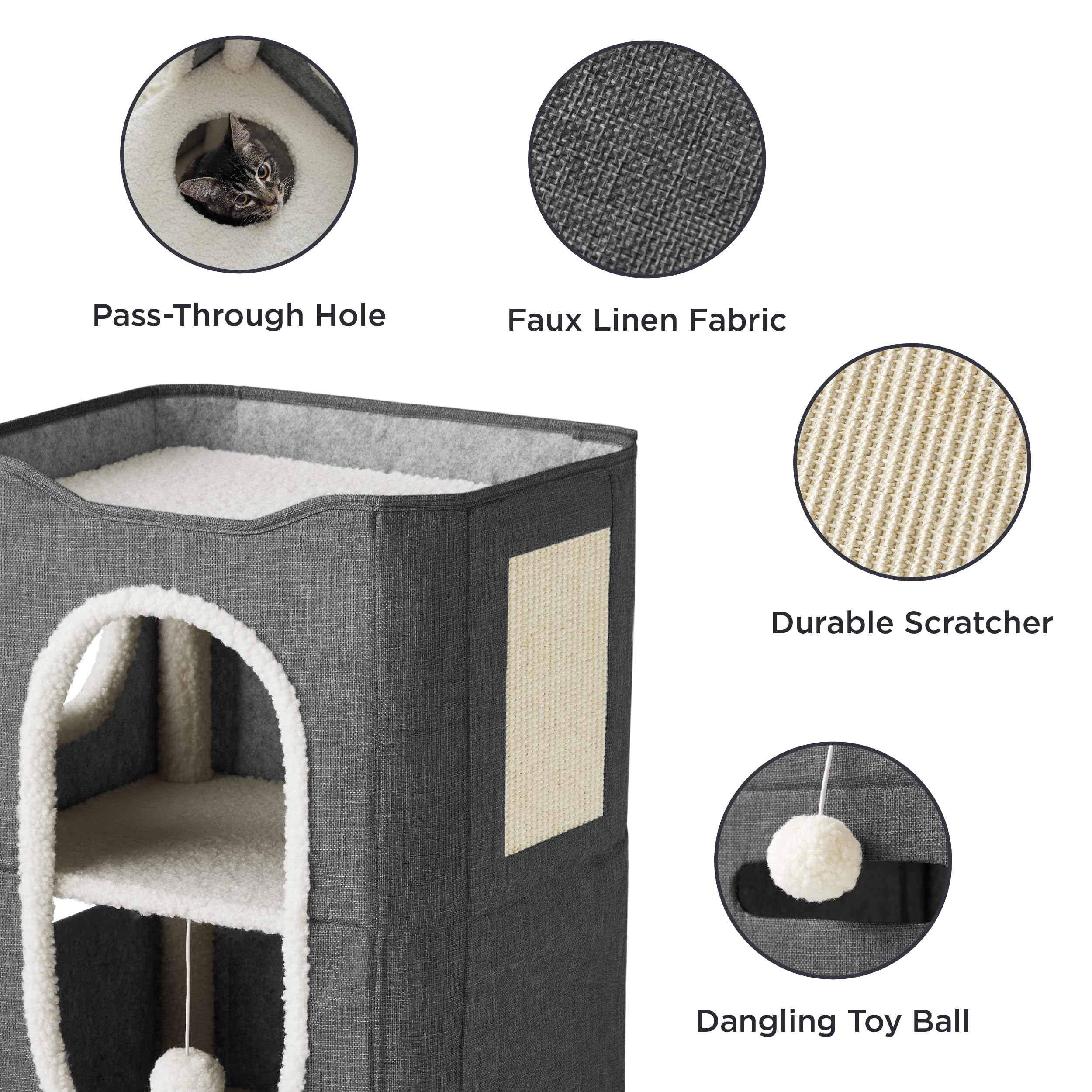 Bedsure Cat House - 2-Level Indoor Tower with Scratch Pad, Hideaway Condo, 18x14x23 inches, Dark Grey, CARB Certified MDF & Lambswool Fabric