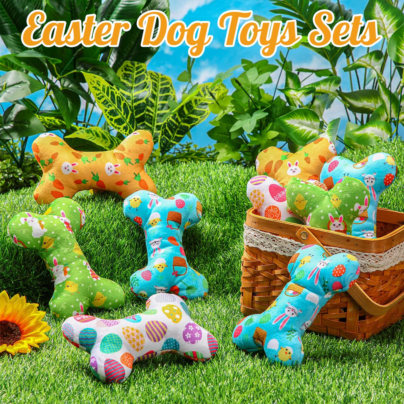Siltriangle 12 Pack Easter Dog Toys Easter Dog Squeaky Bone Toys Plush Squeaky Dog Toys Durable Cute Interactive Dog Stuffed Che