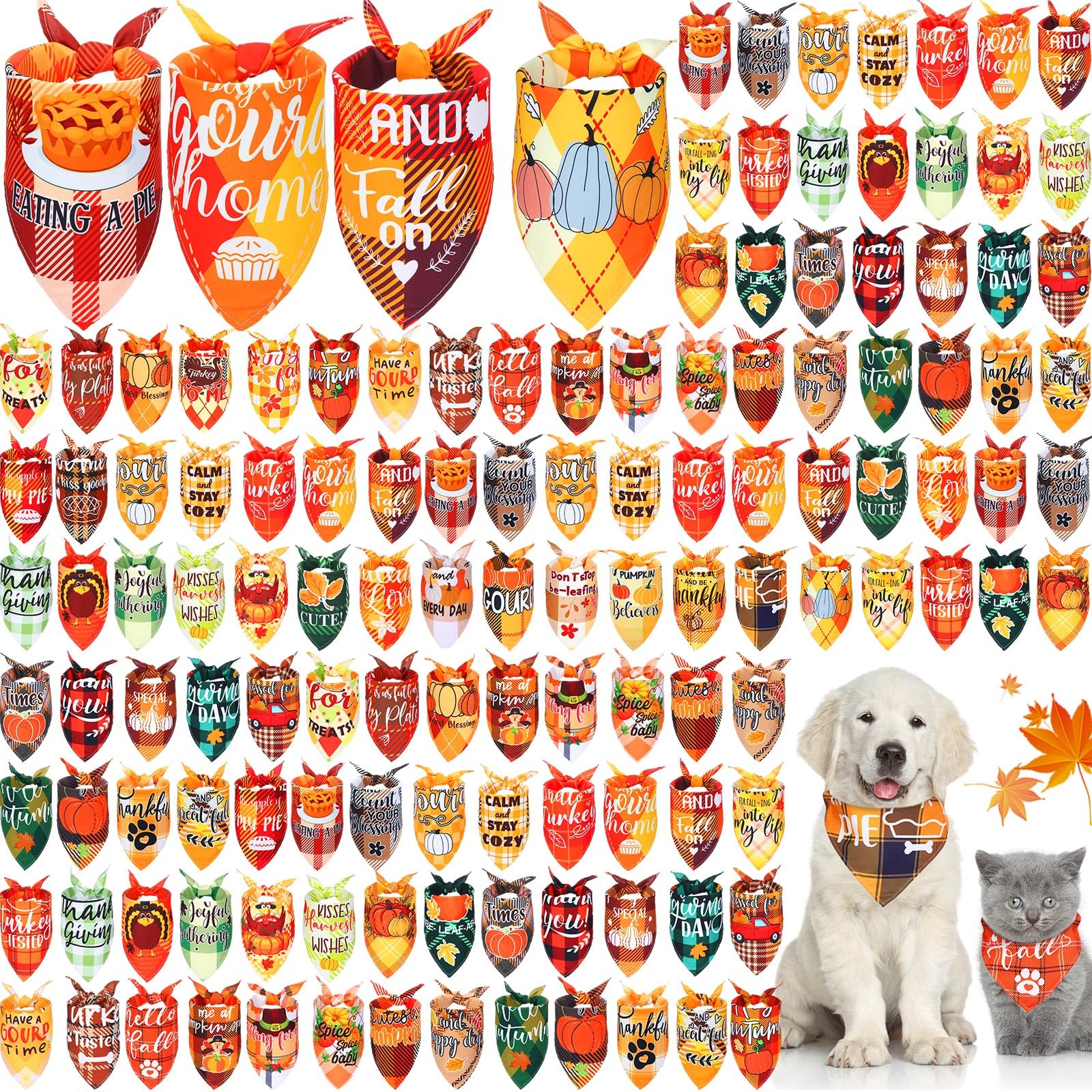 Preboun 200 Pcs Fall Plaid Dog Bandanas Bulk Dog Holiday Scarf Bibs Puppy Bandanas Adjustable Washable Kerchief Pet Costume Acce