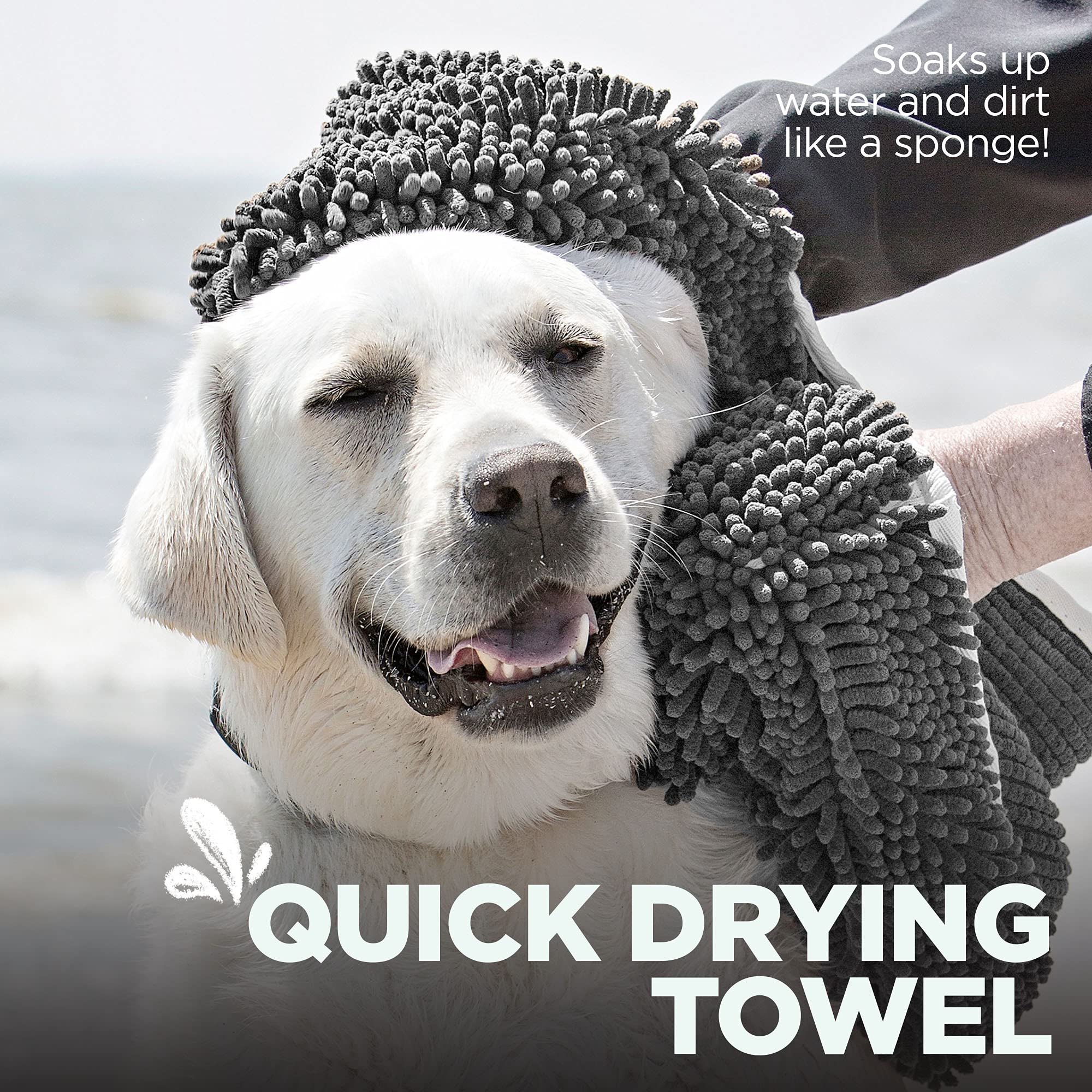Soggy Doggy Super Shammy Dog Towel, Washable Microfiber Dog Towels For Drying Dogs And Cleaning Paws, Fast-Drying Dog Bath Towel With Hand Pockets, Gray/Gray Trim, 31 X 14 Inches