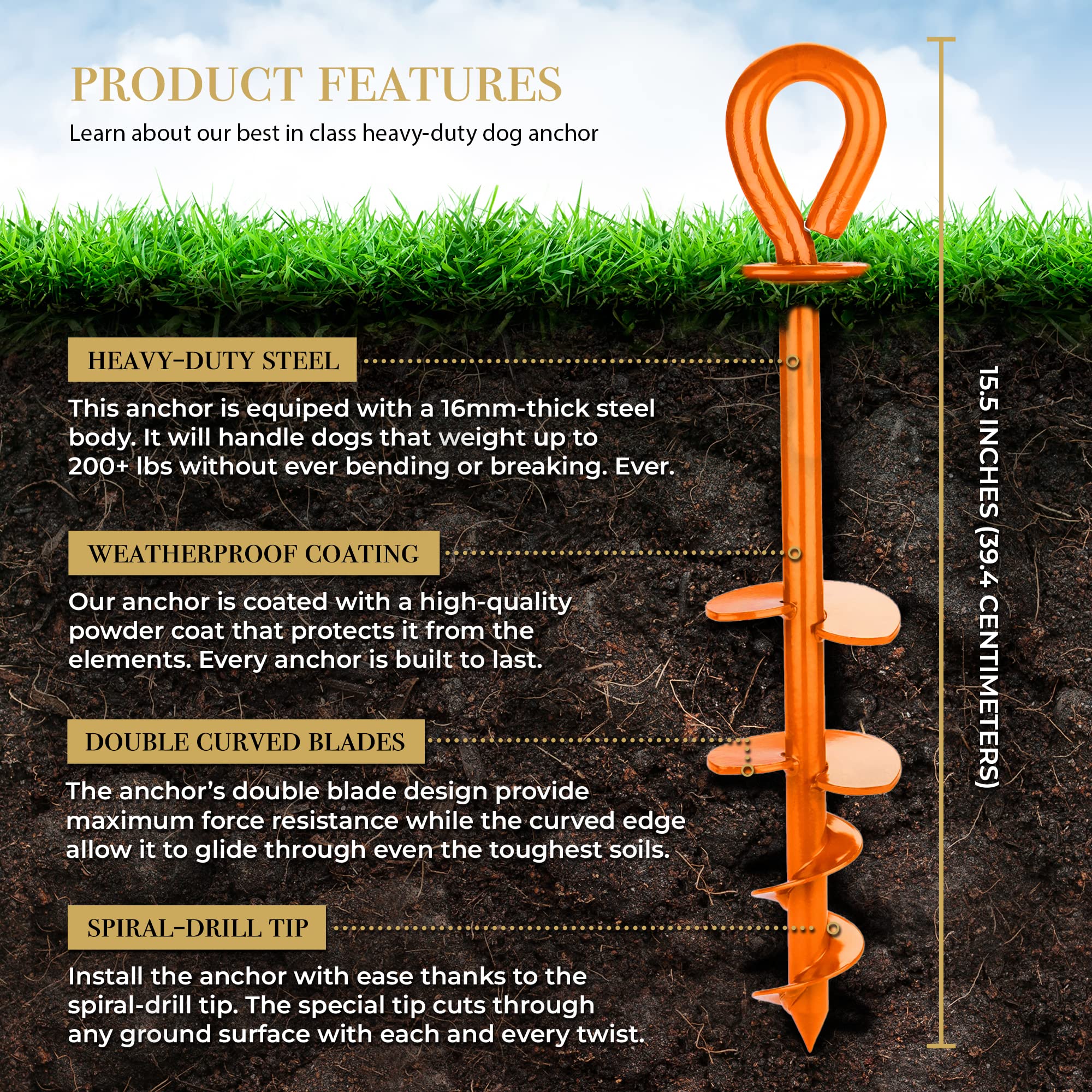 ROYAL PAW Dog Tie Out Stake - Heavy Duty for Large Dogs up to 210 lbs, Stainless Steel, O2-Royal Orange 2-Pack