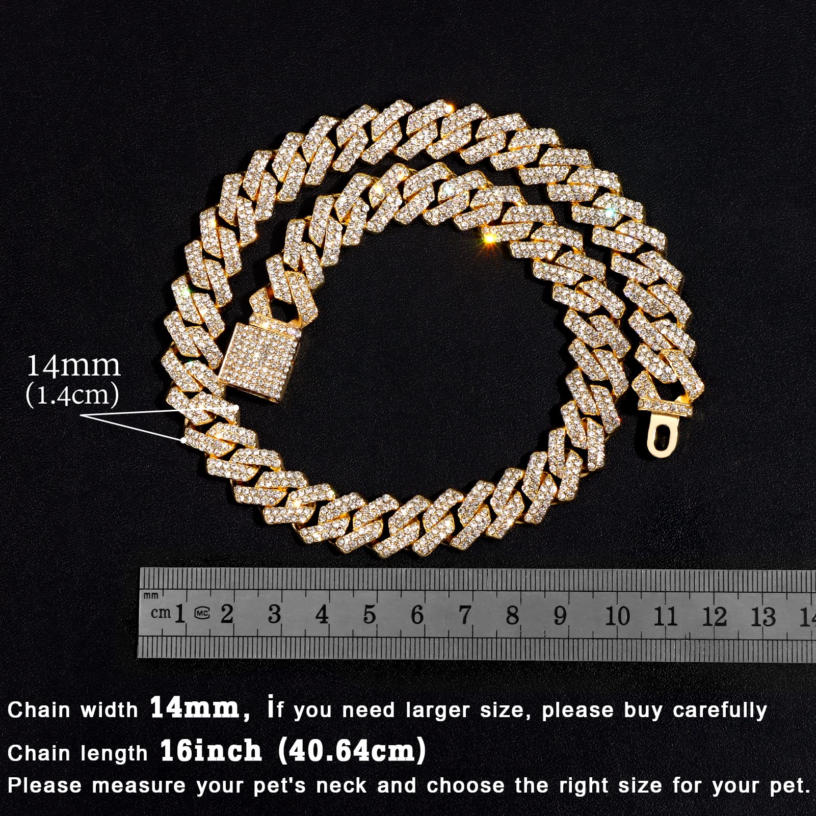 Flatfoosie Cuban Link Metal Chain Collar With Secure Buckle - 14Mm Gold Chain Dog Collar For Small To Large Dogs & Cats (16 Inch