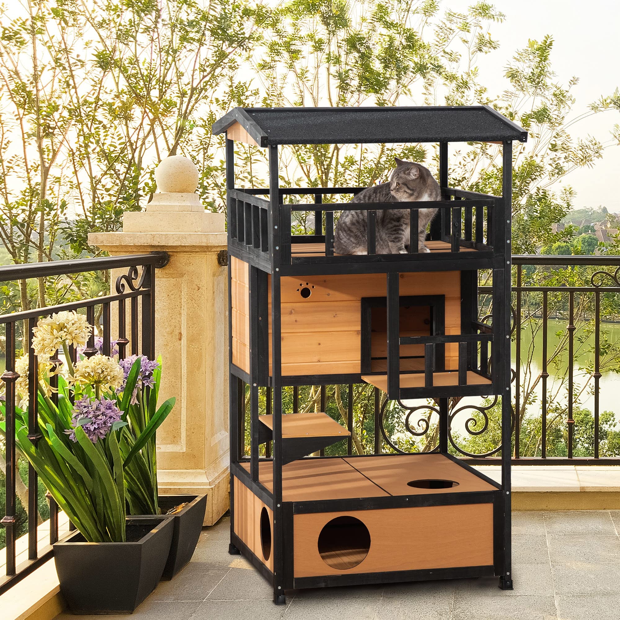 Pawhut Wooden Outdoor Cat House, Feral Cat Shelter Kitten Condo With Asphalt Roof, Escape Doors, Condo, Jumping Platform, Yellow