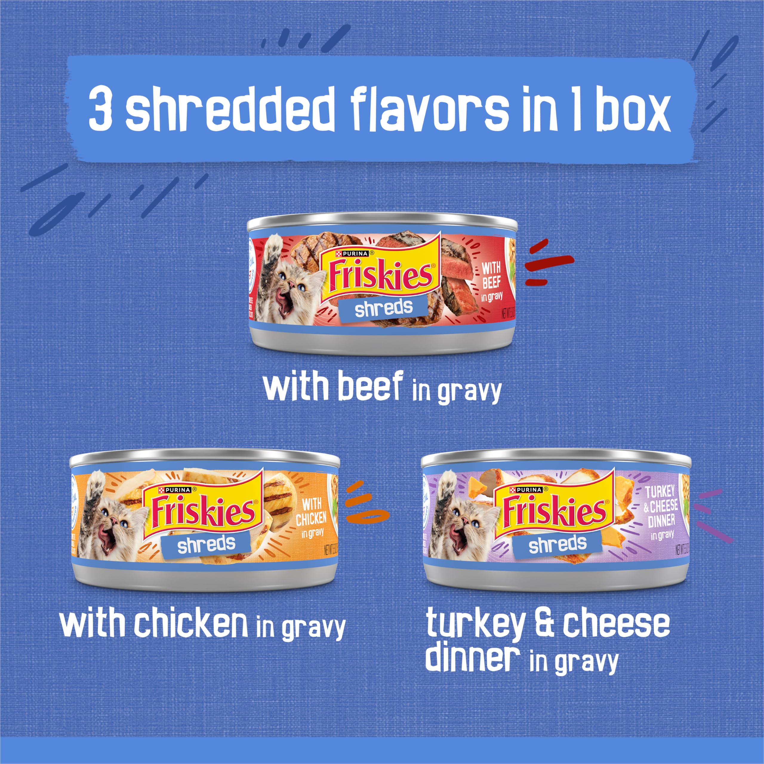 Purina Friskies Gravy Wet Cat Food Variety Pack, Shreds With Beef, With Chicken, and Turkey and Cheese Dinner - (Pack of 24) 5.5