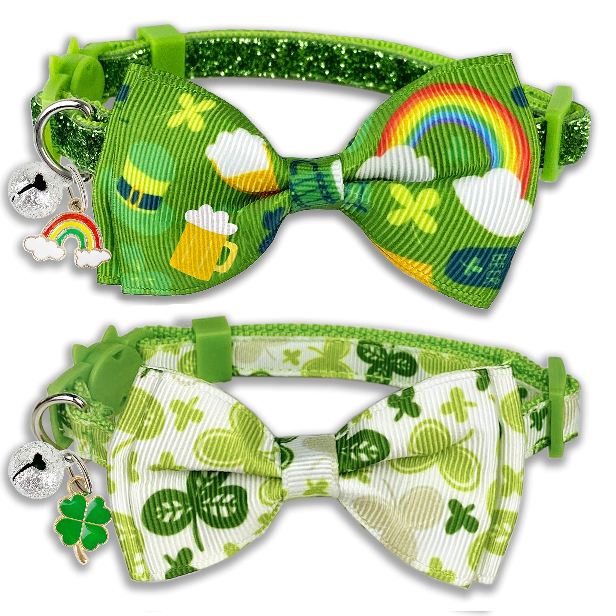 Pohshido 2 Pack St. Patrick'S Cat Collar With Bow Tie And Bell, Kitty Kitten Breakaway Lucky Irish Shamrock Collar For Girls And