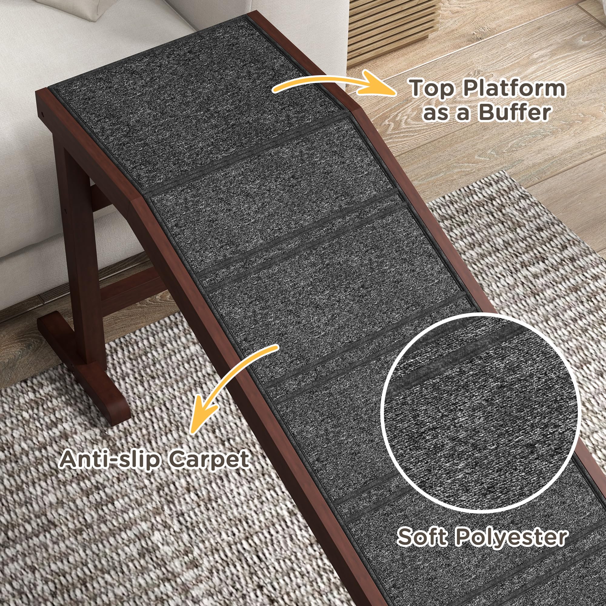 Pawhut Dog Ramp For Bed, Pet Ramp For Dogs With Non-Slip Carpet And Top Platform, 74'' X 16'' X 25'', Brown