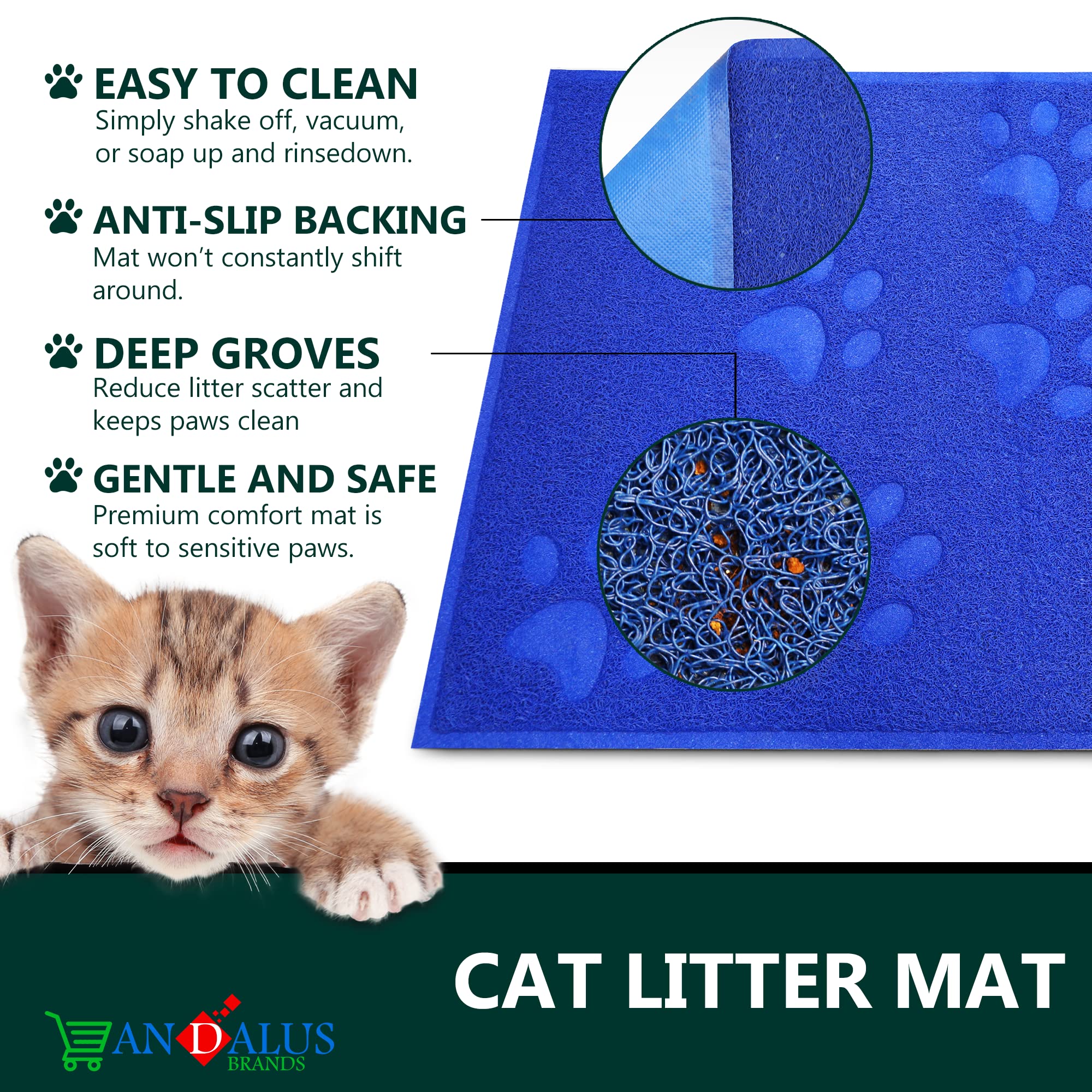 Andalus Small Cat Litter Mat, Pack Of 1 - Waterproof, Non-Slip & Easy To Clean Cat Litter Box Mat For Extra Efficient Pet Litter-Trapping, Blue (15.75” X 11.75”)