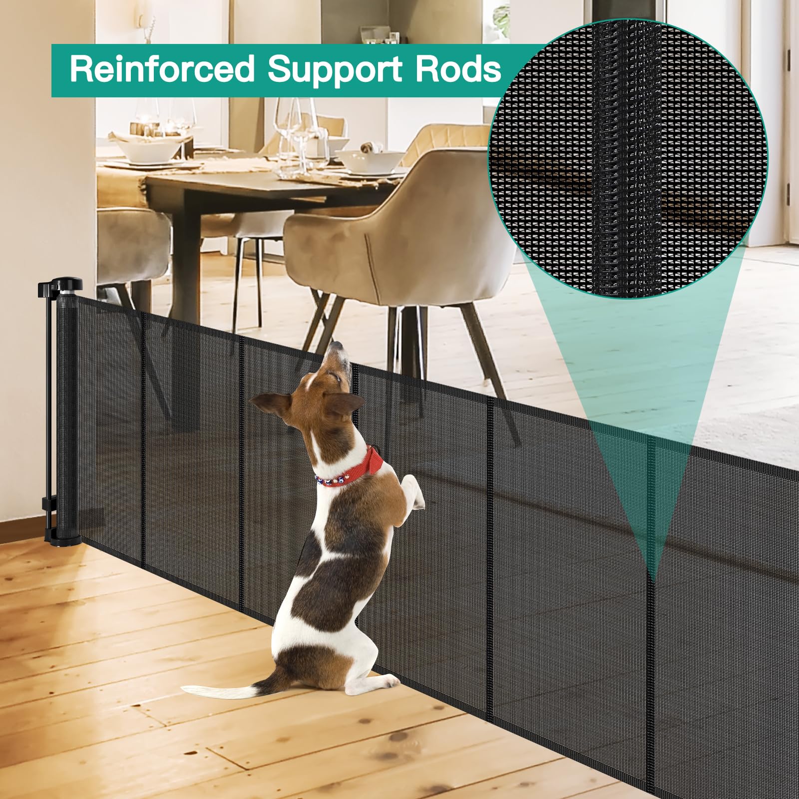24 Inch Tall x 150 Inch Extra Wide Retractable Dog Gate for The House, Short Baby Gate to Step Over, Reinforced Mesh Puppy Gate