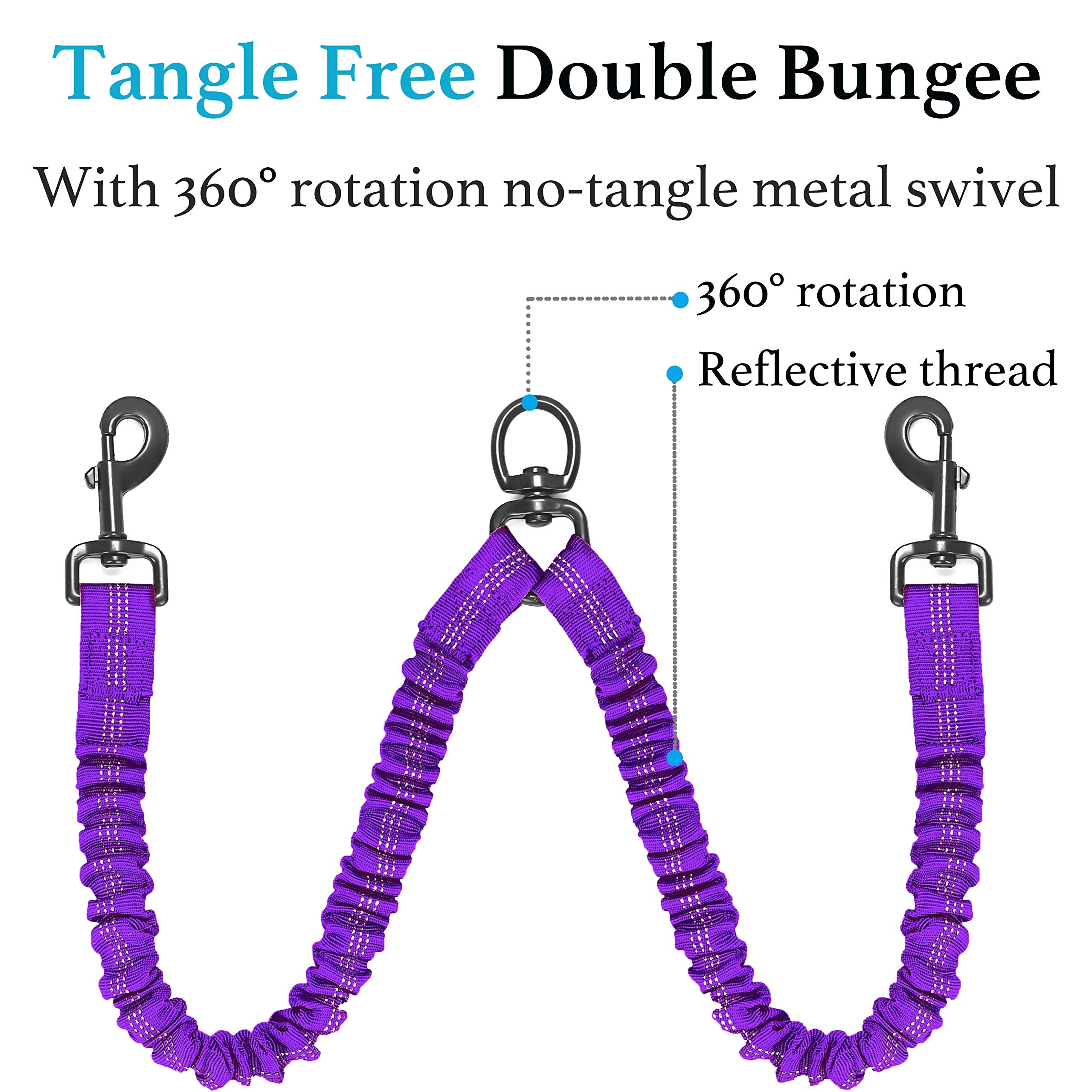 Iyoshop Dual Dog Leash, Double Dog Leash, 360 Swivel No Tangle Walking Leash, Shock Absorbing Bungee For Two Dogs, Purple, Large (25-150 Lbs)