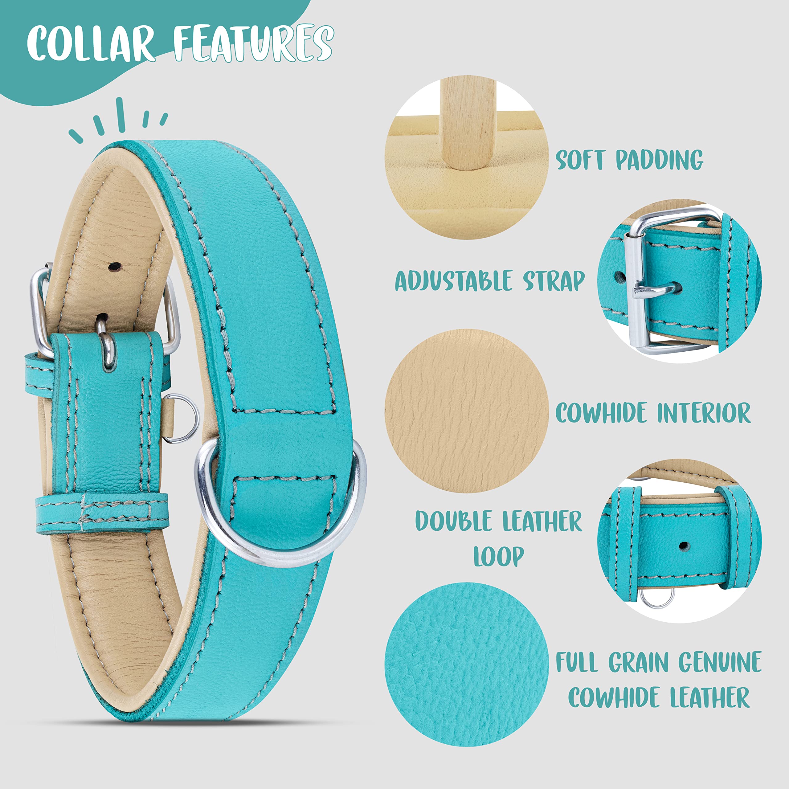 Riparo Medium Dog Collar, Genuine Leather Dog Collar, Dog Collars For Medium Dogs (M, Gray/White Thread)