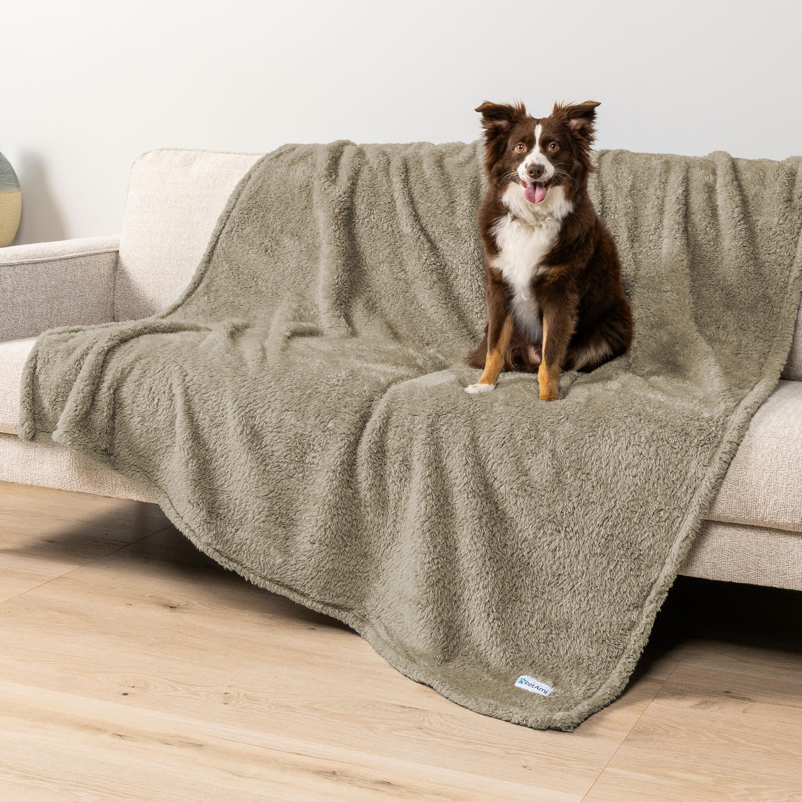 Petami Fluffy Waterproof Dog Blanket For Bed Large Dogs, Soft Warm Pet Sherpa Throw Pee Proof Couch Cover, Reversible Cat Blanket Sofa Crate Kennel Protector, Washable Mat Queen (Taupe Camel, 90X90)