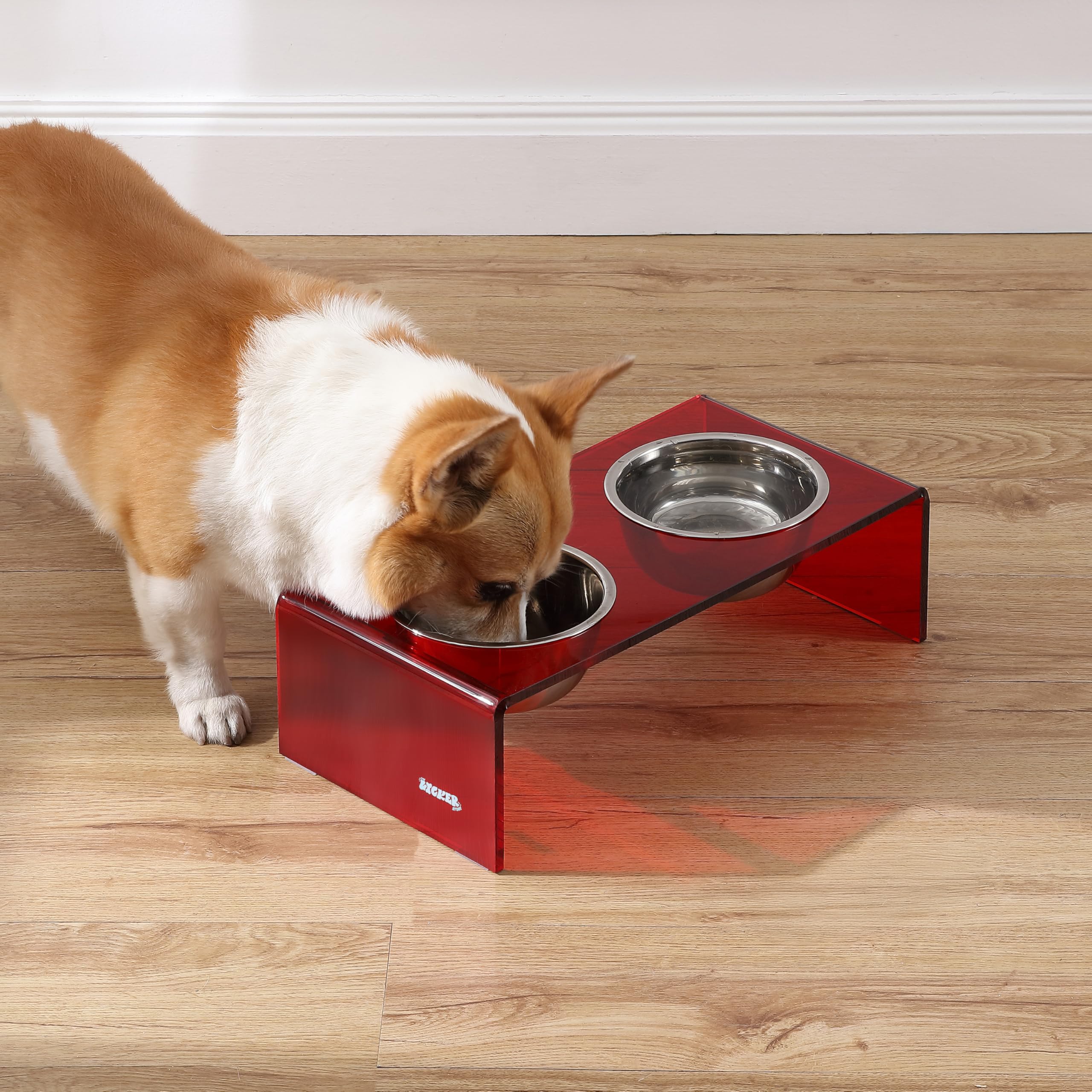 The LICKER Store DBL2000H Keaton 5 Small/Medium Modern Acrylic Rectangular Elevated Pet Feeder with 20oz 2-Stainless Steel Bowls