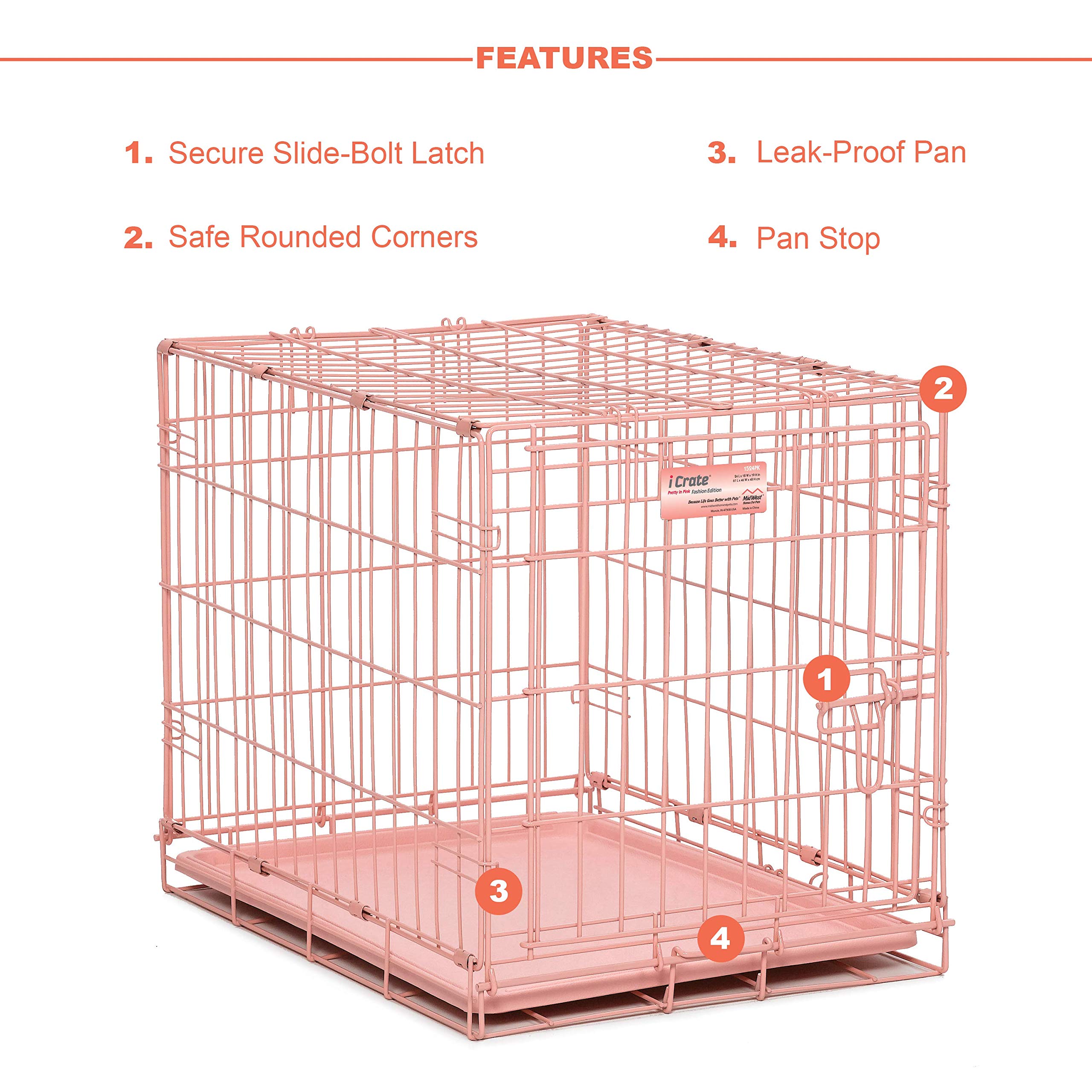MidWest Homes for Pets iCrate 24" Pink Folding Metal Dog Crate with Divider, Roller Feet & Leak Proof Tray, Small Dog Breed
