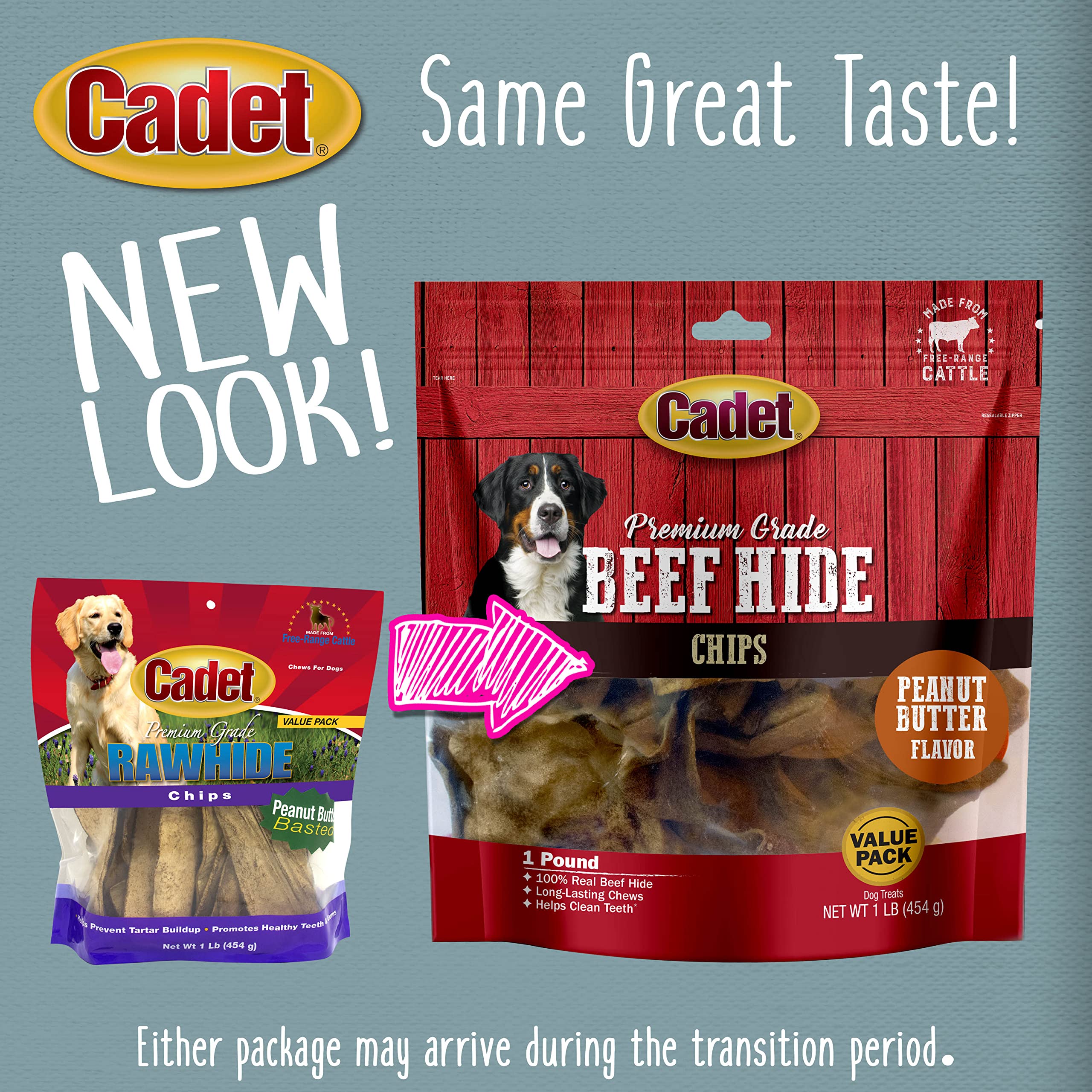 Cadet Premium Grade Beef Hide for Dogs, Long-Lasting Rawhide Chips, Single Ingredient Dog Chews, Peanut Butter Flavor, 1 Pound