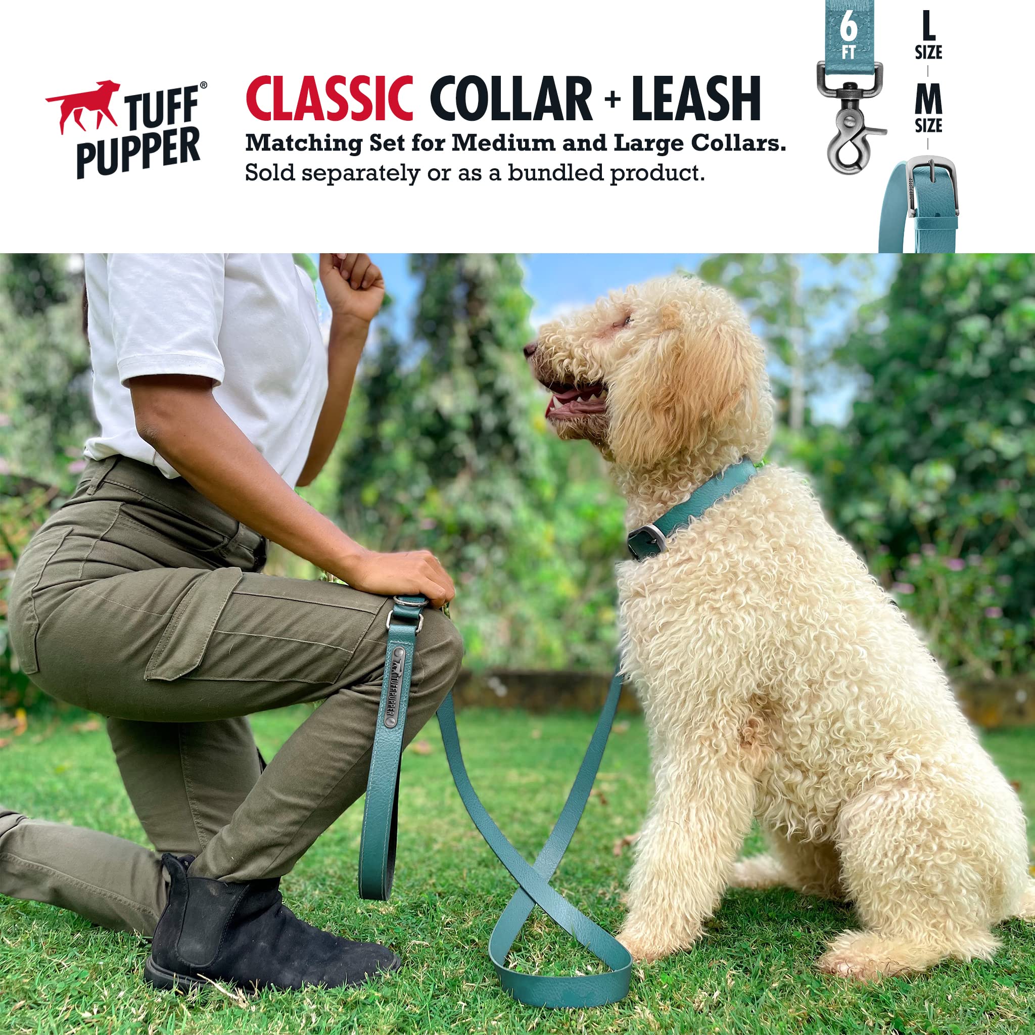 Tuff Pupper Heavy Duty Dog Collar - Waterproof, Odor Proof, Large (19-23") - Tropical Teal, 10x Stronger Than Leather, Rust-Proof Hardware