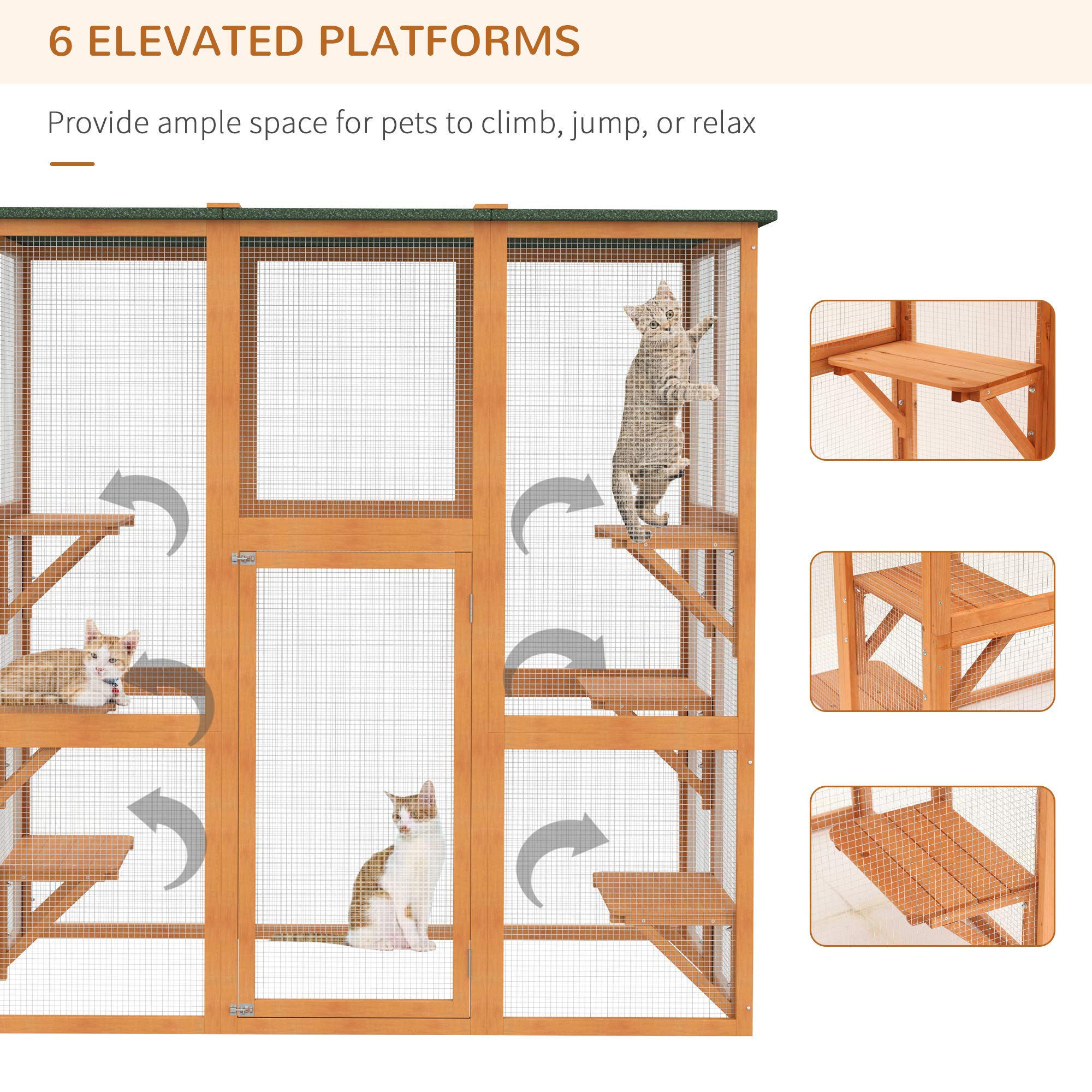 Pawhut Outdoor Cat House Big Catio Wooden Feral Cat Shelter Enclosure With Large Spacious Interior, 6 High Ledges, Weather Protection Asphalt Roof, 71' L, Orange
