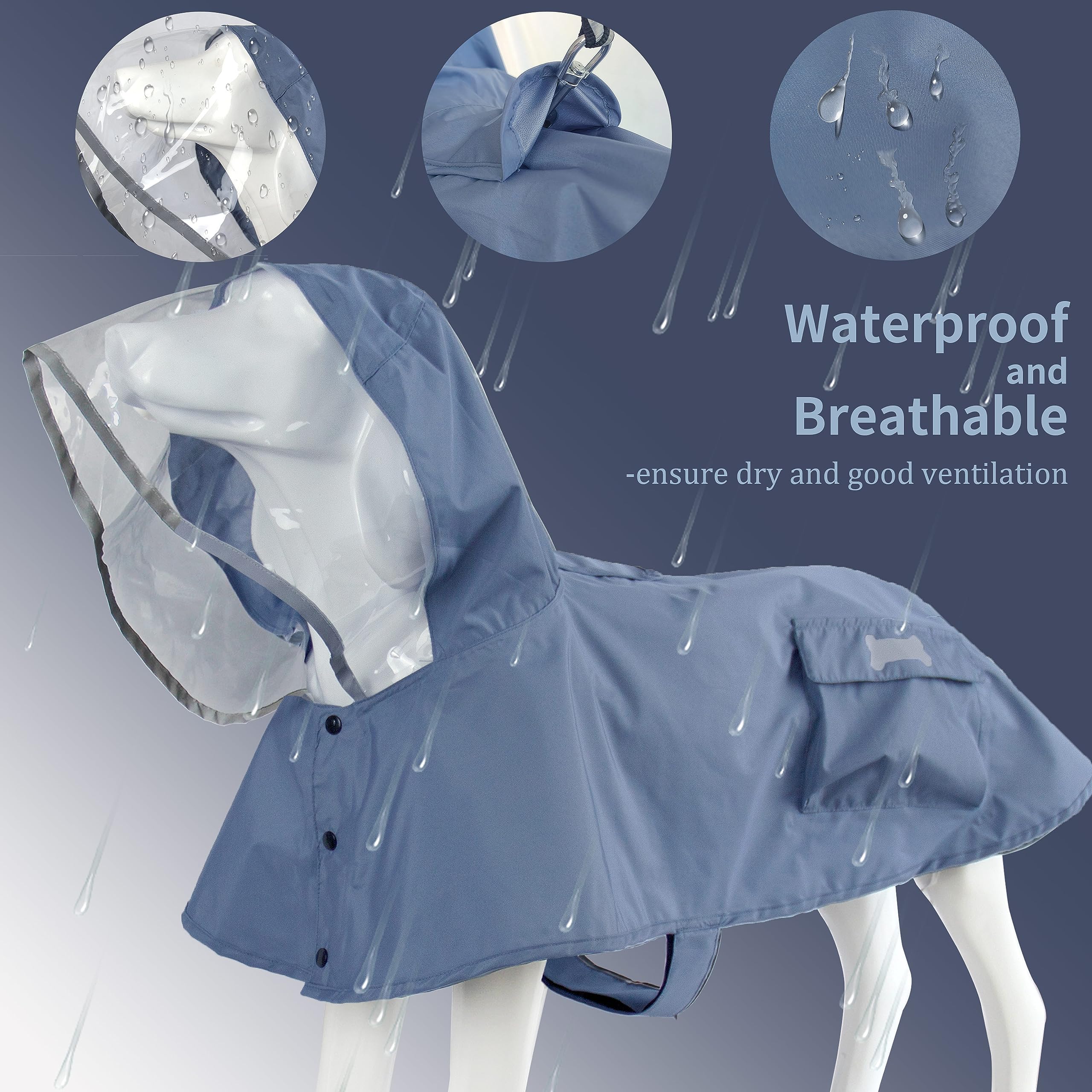 Waterproof Dog Raincoat, Adjustable Reflective Lightweight Pet Rain Clothes With Poncho Hood(X-Large, Blue&Grey)
