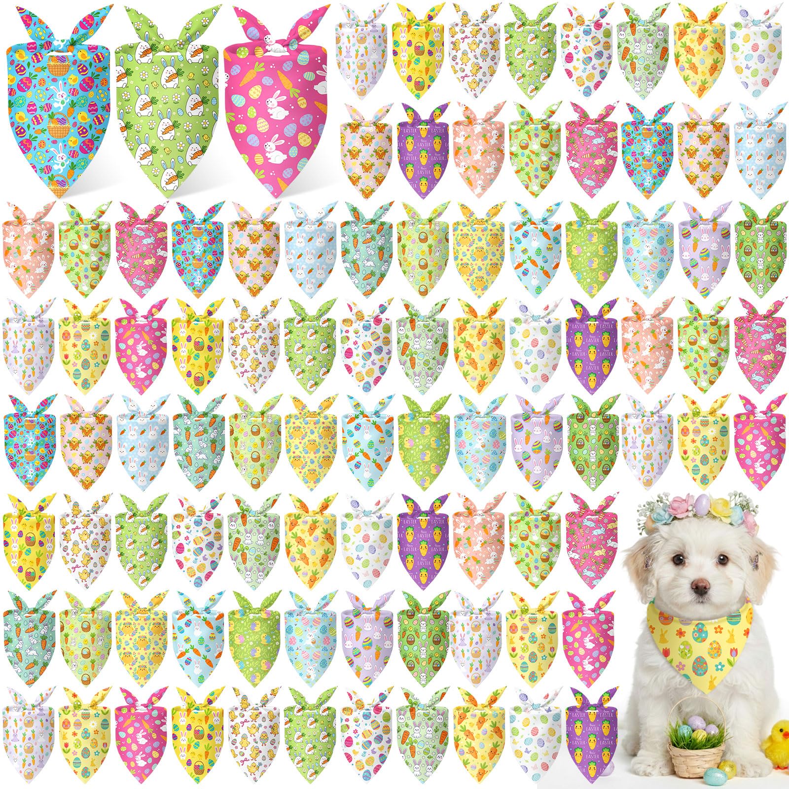Abbylike 100 Pcs Easter Dog Bandanas Bulk Bunny Egg Carrot Bandanas for Dogs Triangle Kerchief Bibs Scarf Set for Pet Costume Ea