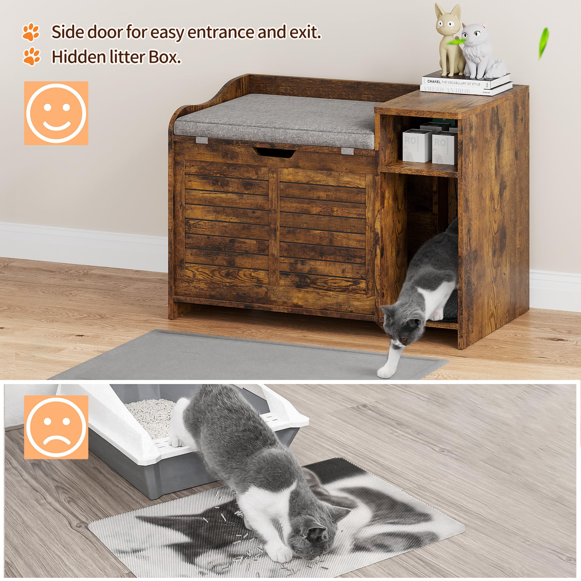 Idealhouse Cat Litter Box Enclosures With Top Opening With Cushion, Cat Litter Box Furniture Hidden, Cat House, Privacy Cat Litt