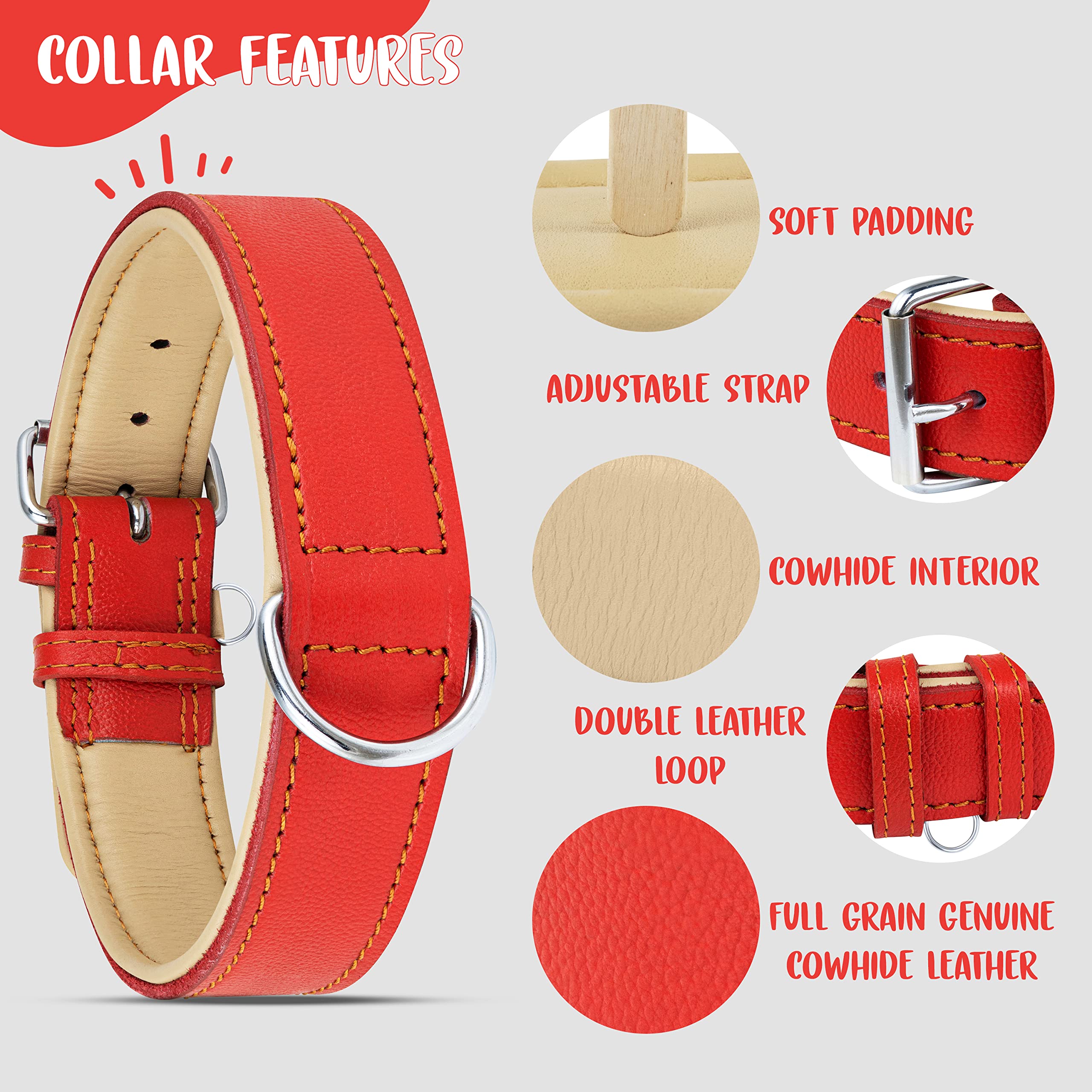 Riparo Red Leather Dog Collar - Heavy Duty Wide Dog Collar For Small, Medium, Large And Extra Large Dogs With Dog Tag Holder (Xl