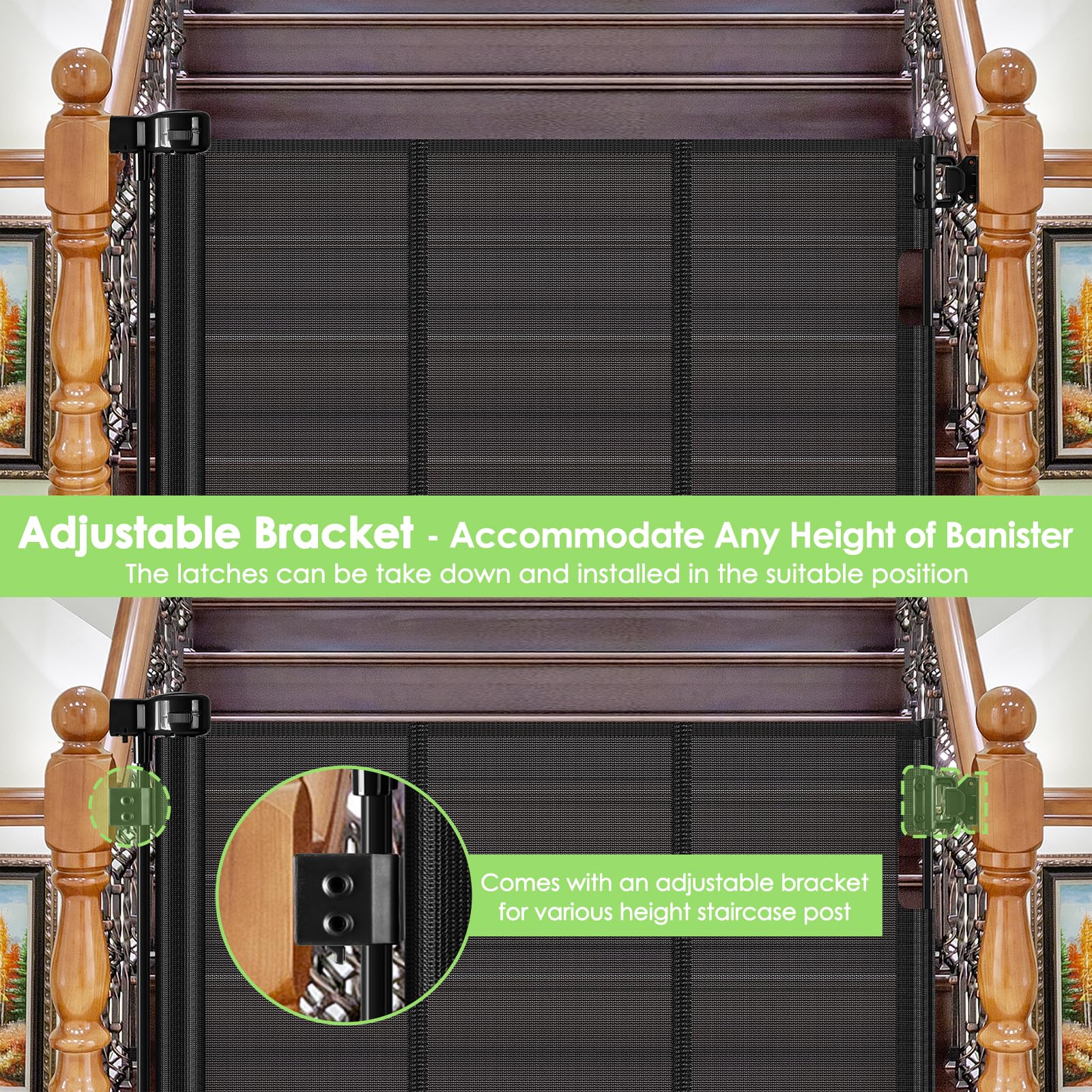 Reinforced Retractable Baby Gate for Stairs with Support Rods, 33'' Tall, Extends up to 55'' Wide, Mesh Stairway Gate Banister B