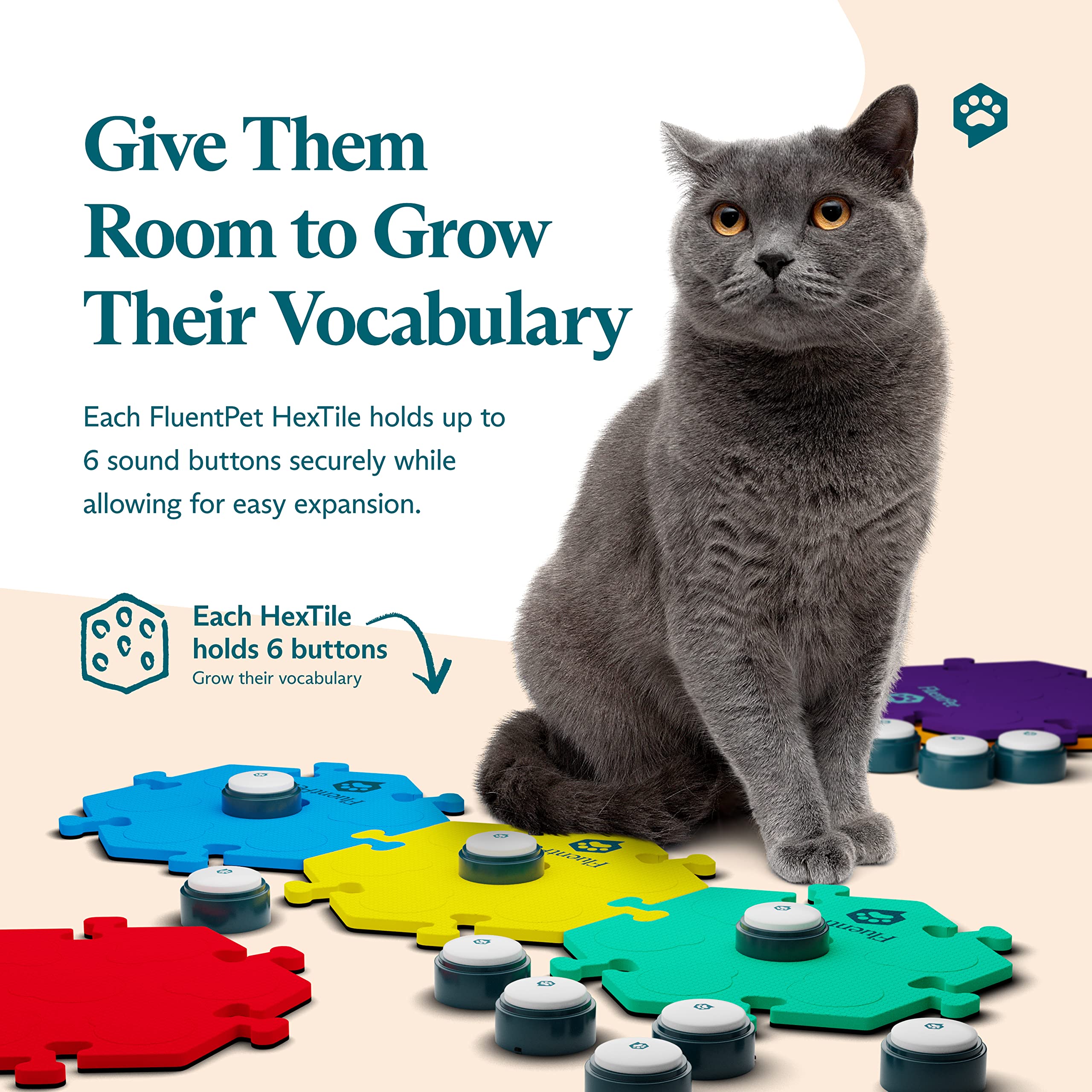 FluentPet Basic Vocab Kit - 12 Recordable Buttons & 6 HexTiles for Dog & Cat Communication - Customizable Talking Button Set