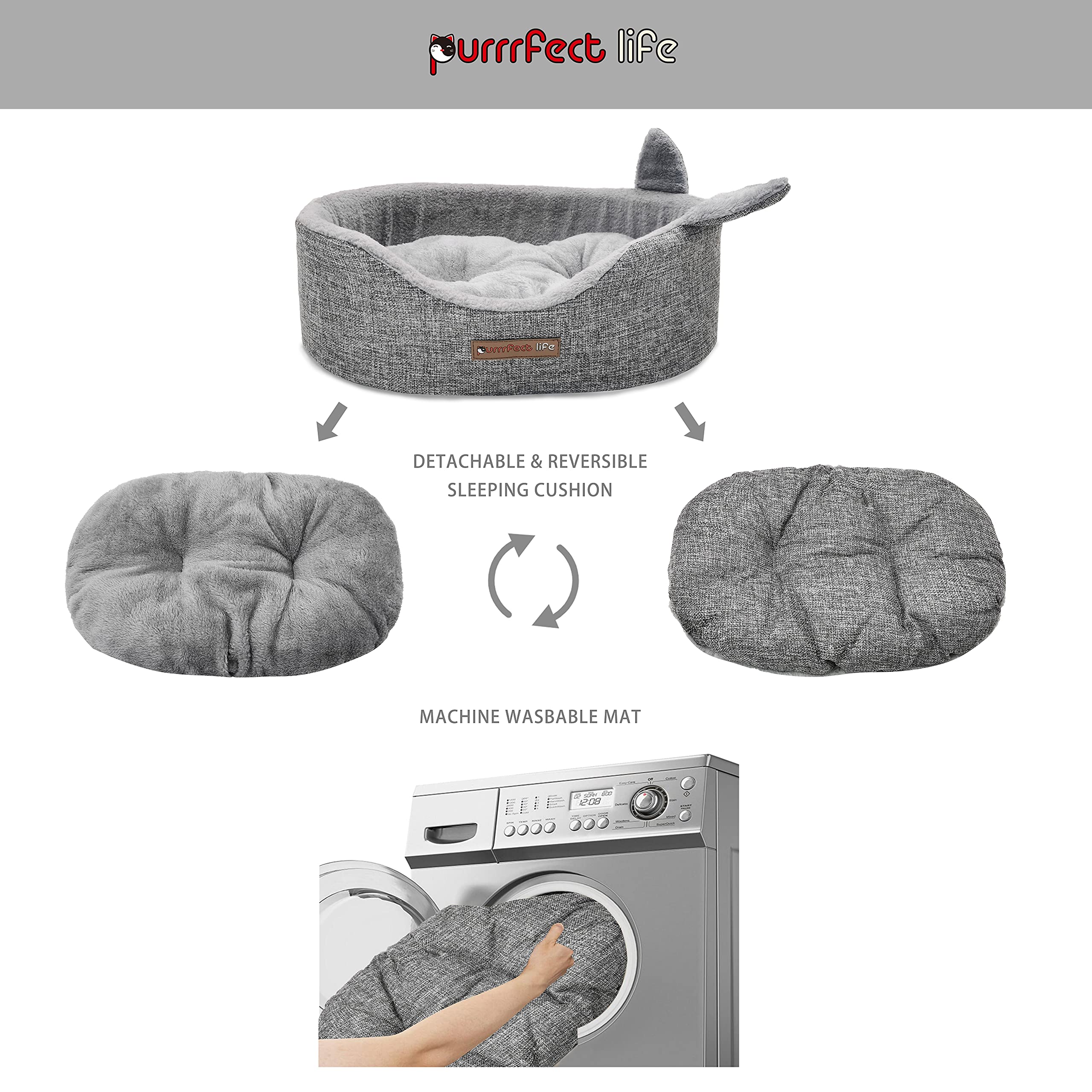Purrrfect Life Oval Pet Beds For Cats And Small Dogs, Snuggery Bolster Pet Bed, Ultra Soft Short Plush, Washable High Resilience Pp Cotton, And More (Medium, Gray)