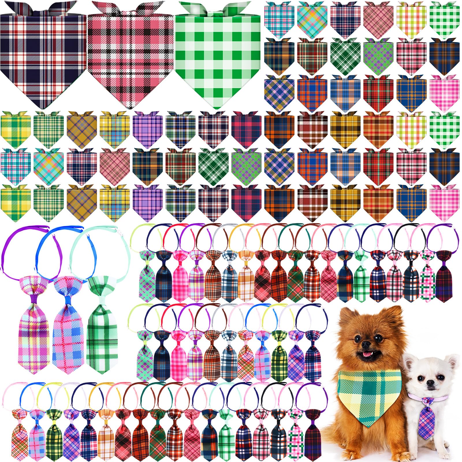 Reginary 108 Pcs Dog Bandanas Bow Tie Set Bulk Pet Triangle Scarf Plaid Pattern Pets Kerchief Adjustable Washable Bibs Neck Coll